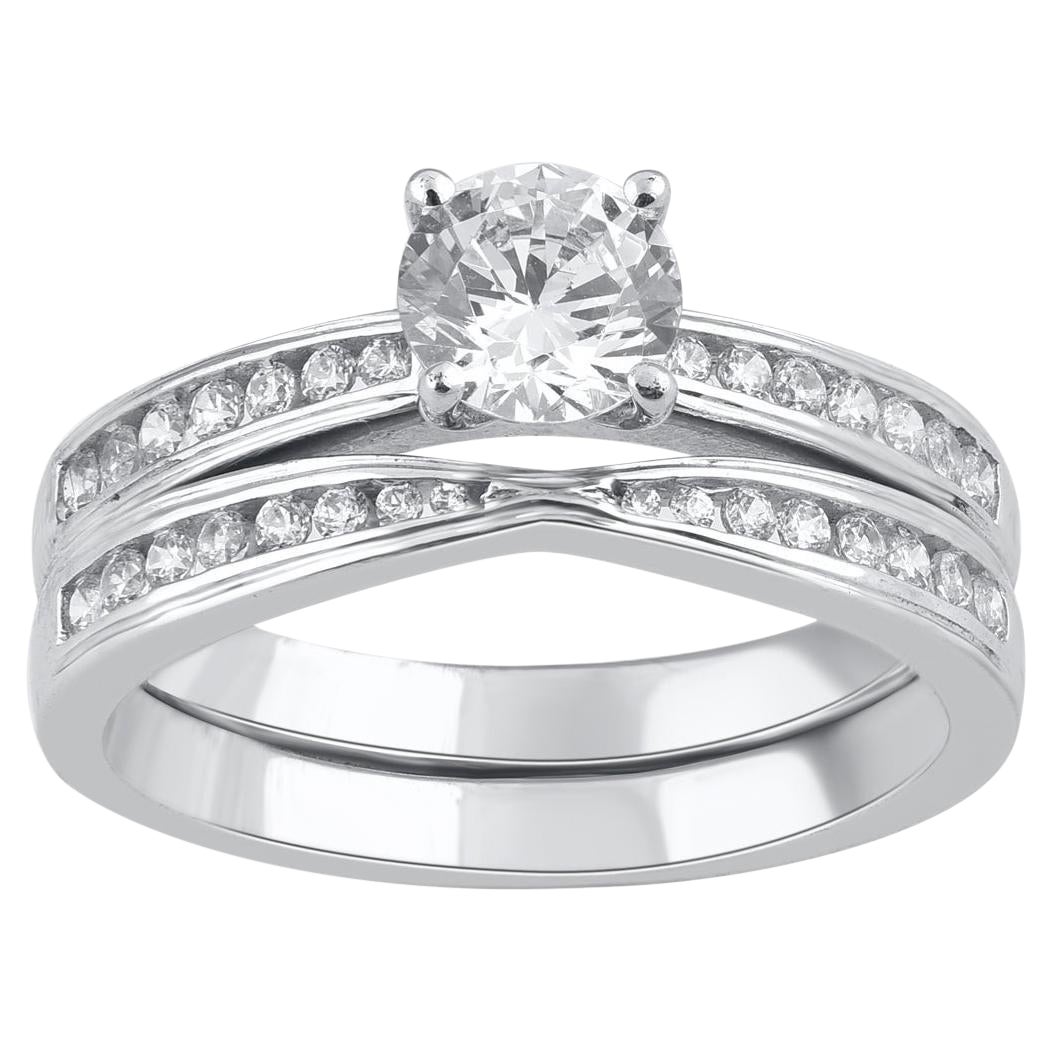 TJD 1.0 Carat Natural Round Cut Diamond 14 Karat White Gold Bridal Ring Set