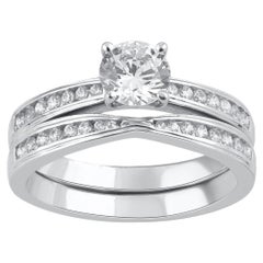 TJD 1.0 Carat Natural Round Cut Diamond 14 Karat White Gold Bridal Ring Set