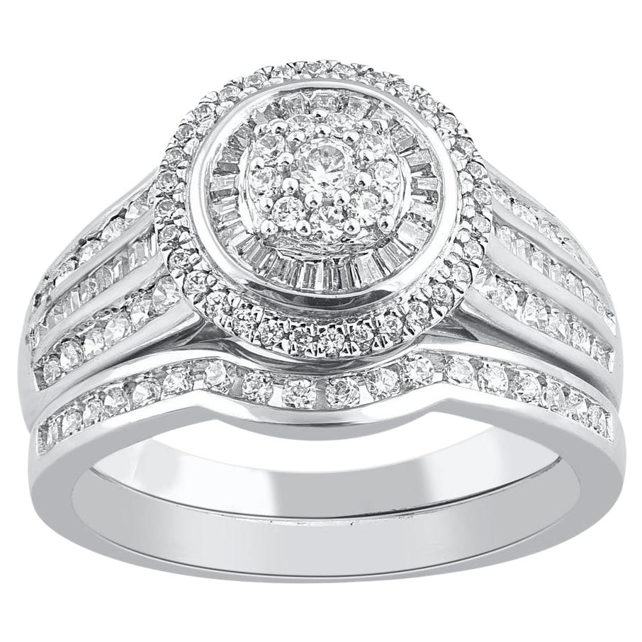 TJD 1.0 Carat Natural Round Cut Diamond 14 Karat White Gold Bridal Ring Set