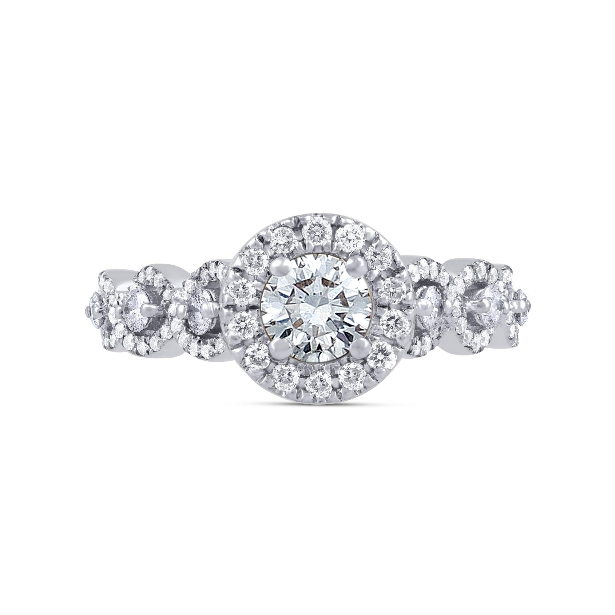 Contemporary TJD 1.0 Carat Natural Round Cut Diamond 14 Karat White Gold Halo Engagement Ring For Sale