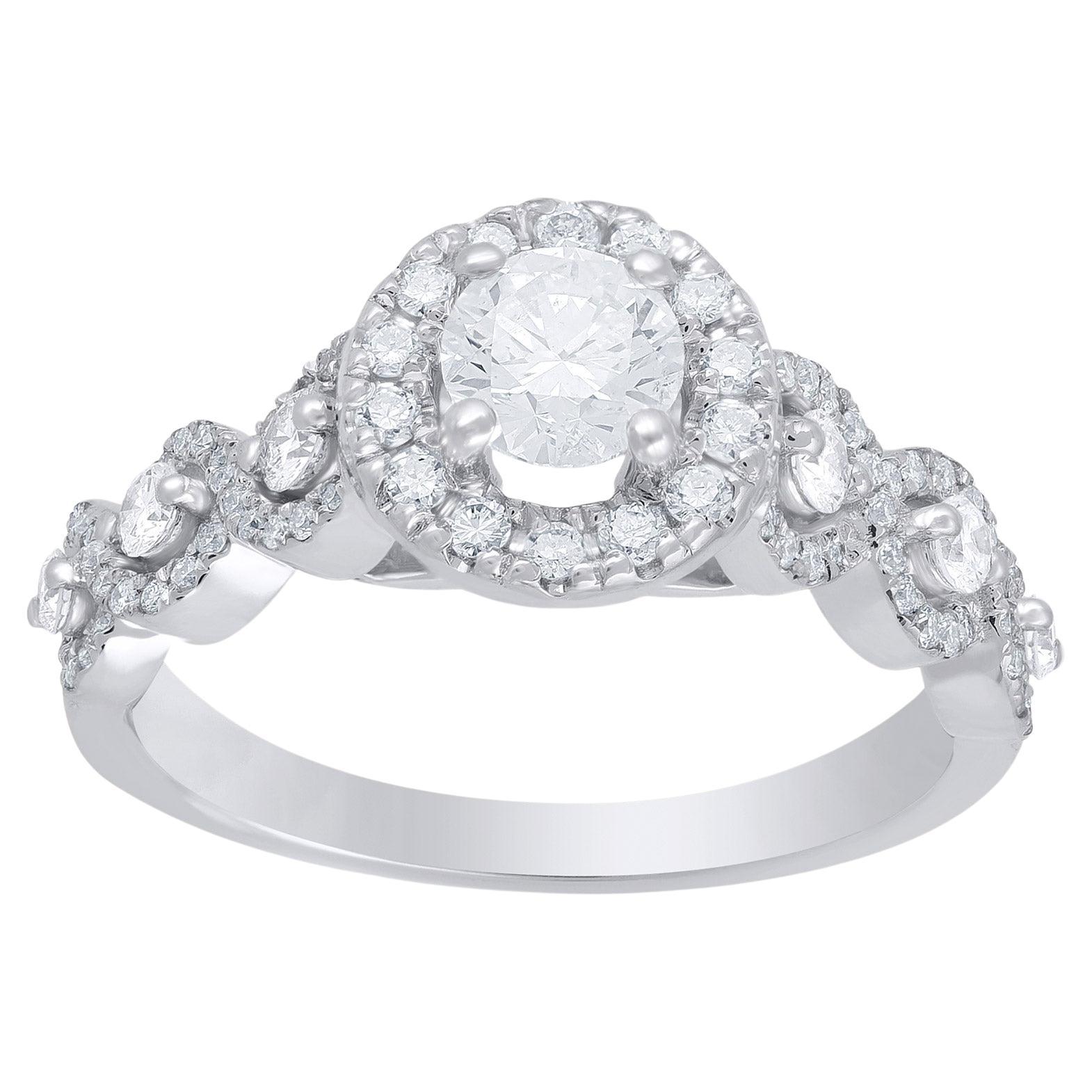 TJD 1.0 Carat Natural Round Cut Diamond 14 Karat White Gold Halo Engagement Ring For Sale