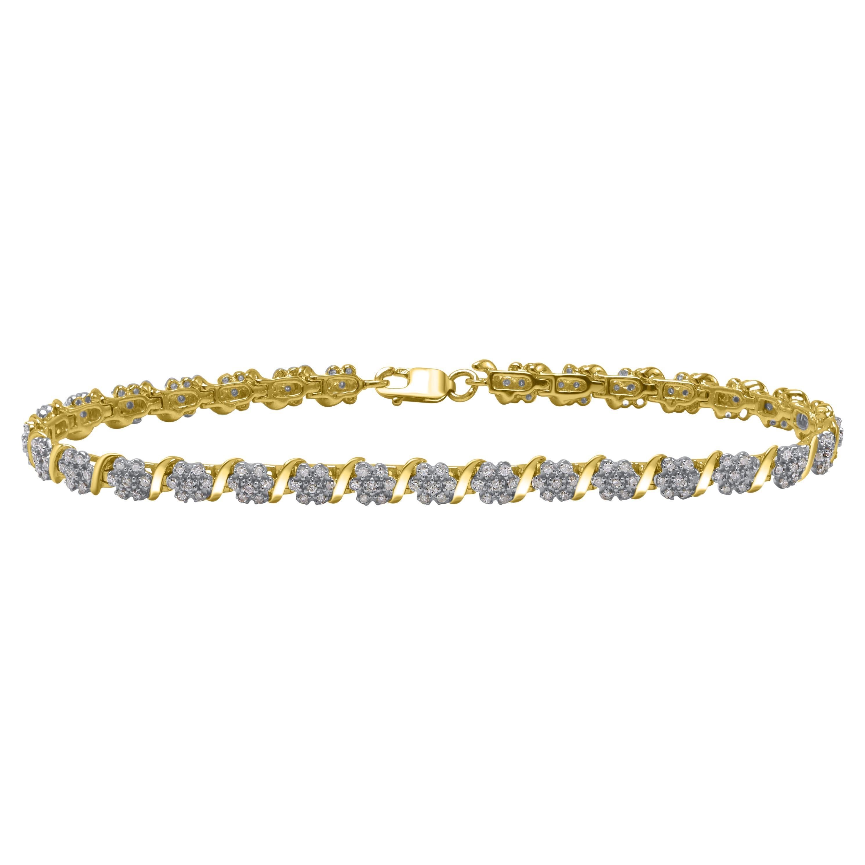 TJD 1.0 Carat Natural Round Cut Diamond 14 Karat Yellow Gold Link Bracelet For Sale