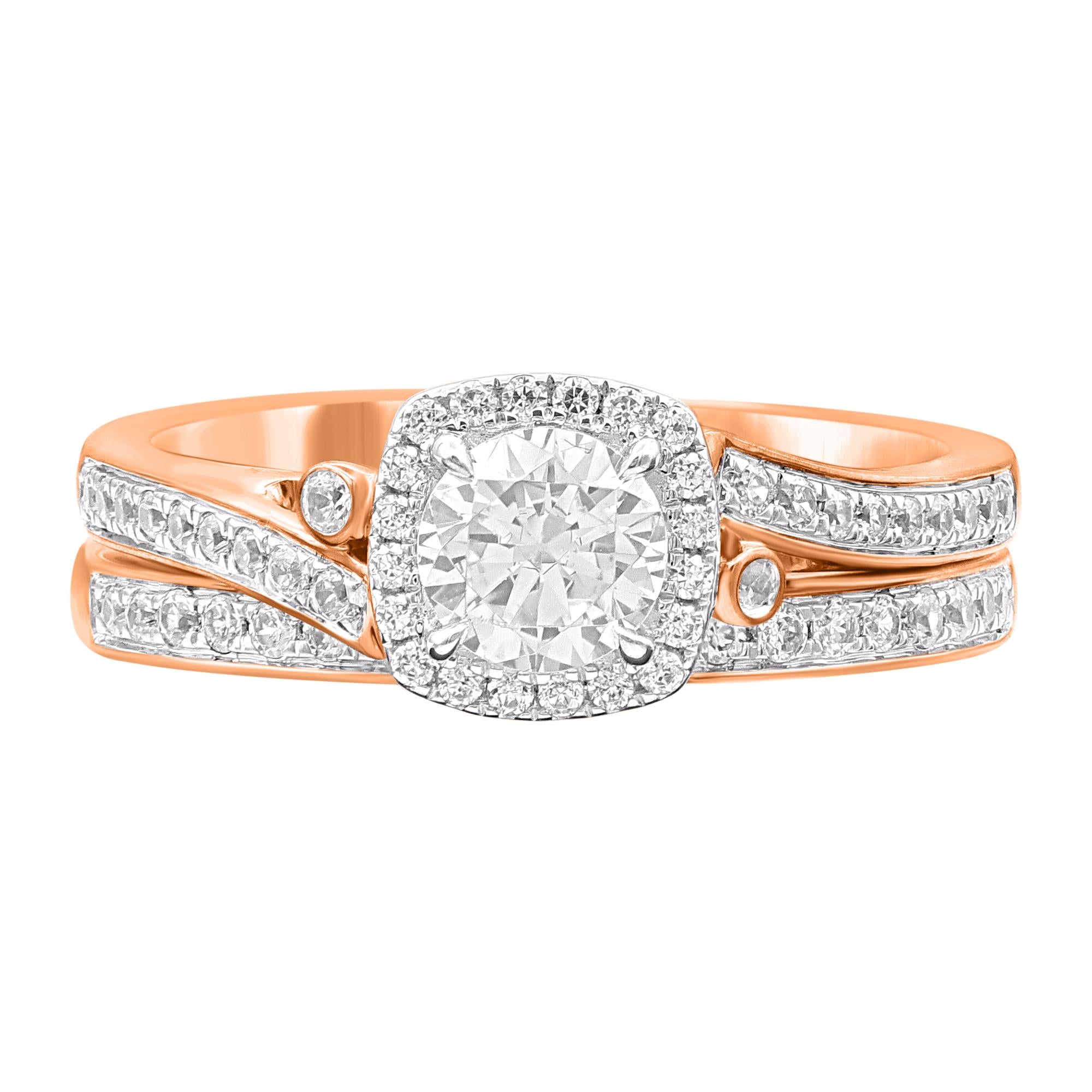 Mit einzigartigen Details spiegelt dieser Diamant-Brautring Ihre Liebe zu ihr wider. Der Ring ist aus 14-karätigem Roségold gefertigt und mit 60 runden weißen Diamanten besetzt. Die Farbe H-I, die Reinheit I2 und die Hochglanzpolitur
