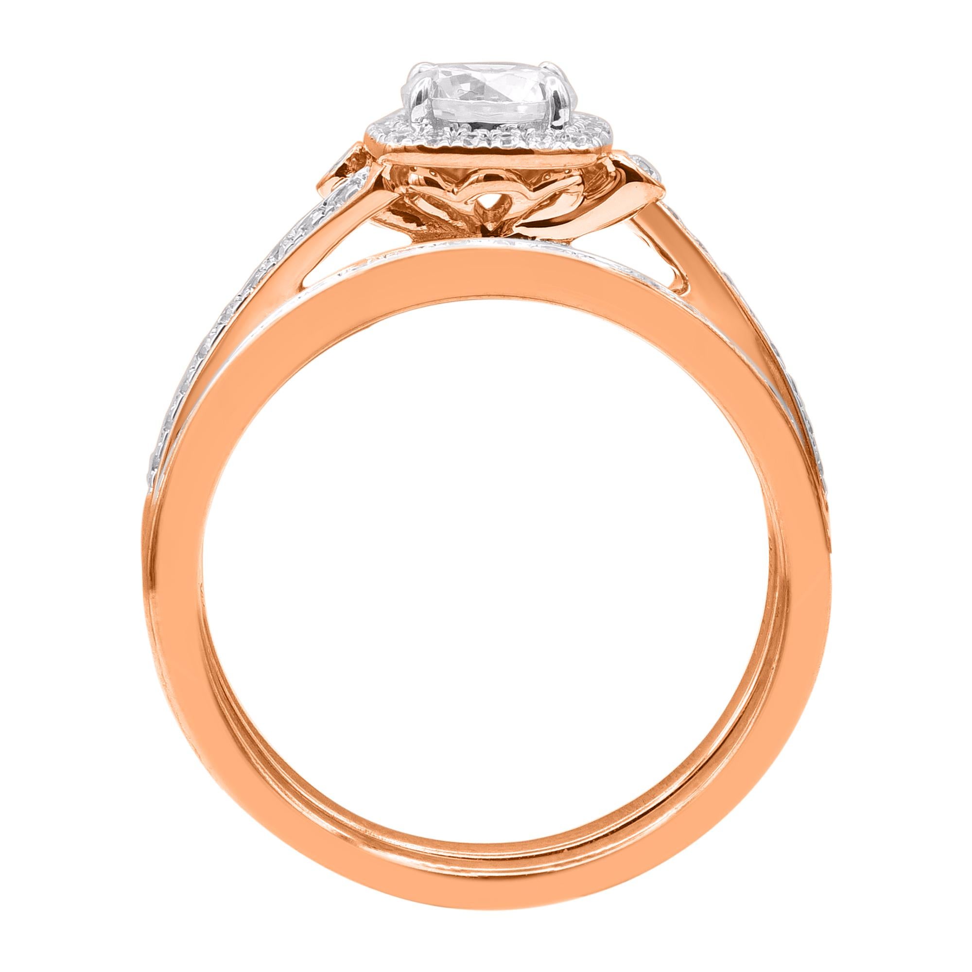 TJD 1,0 Karat natürlicher Diamant im Rundschliff 14KT Roségold Halo Brautring Set (Moderne) im Angebot
