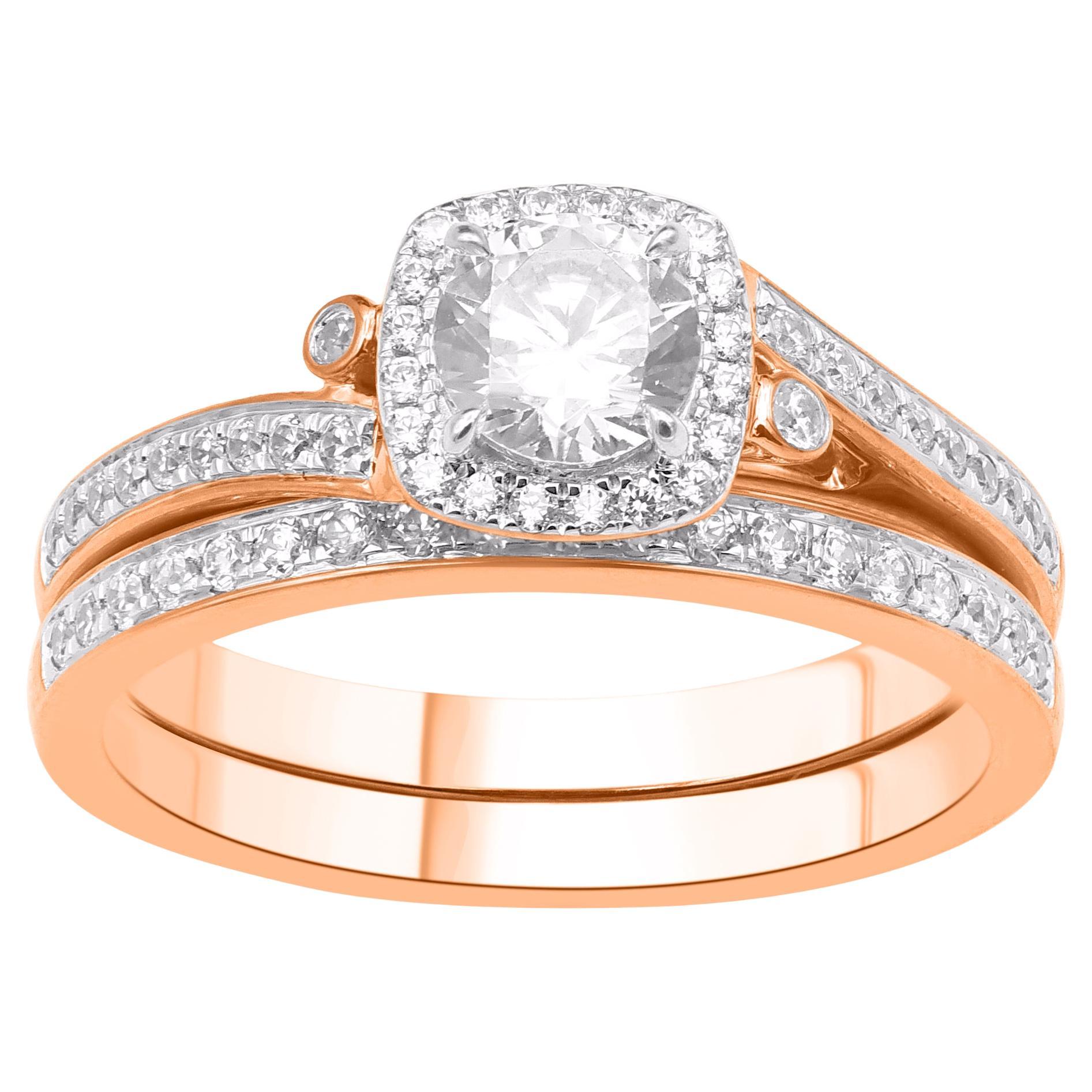 TJD 1.0 Carat Natural Round Cut Diamond 14KT Rose Gold Halo Bridal Ring Set