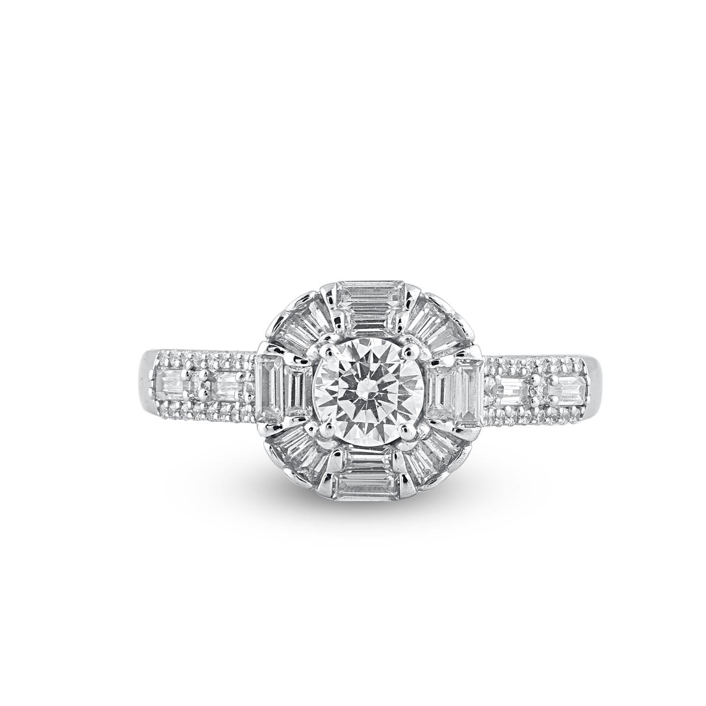 Truly exquisite, this diamond halo engagement band is sure to be admired for the inherent classic beauty and elegance within its design. Beautifully crafted by our inhouse experts in 14 karat white gold and embellished with 61 brilliant cut, single