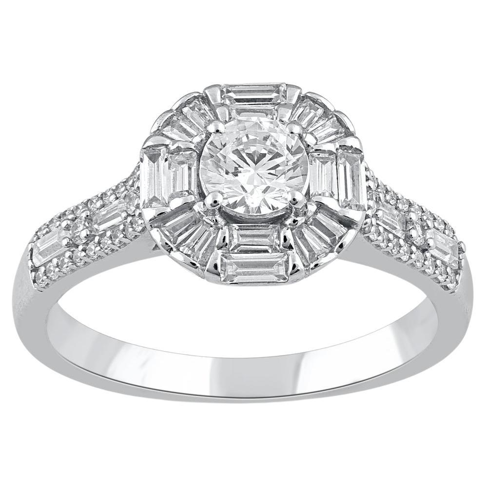 TJD 1.0 Carat Natural Round Cut Diamond 14KT White Gold Bridal Engagement Ring For Sale