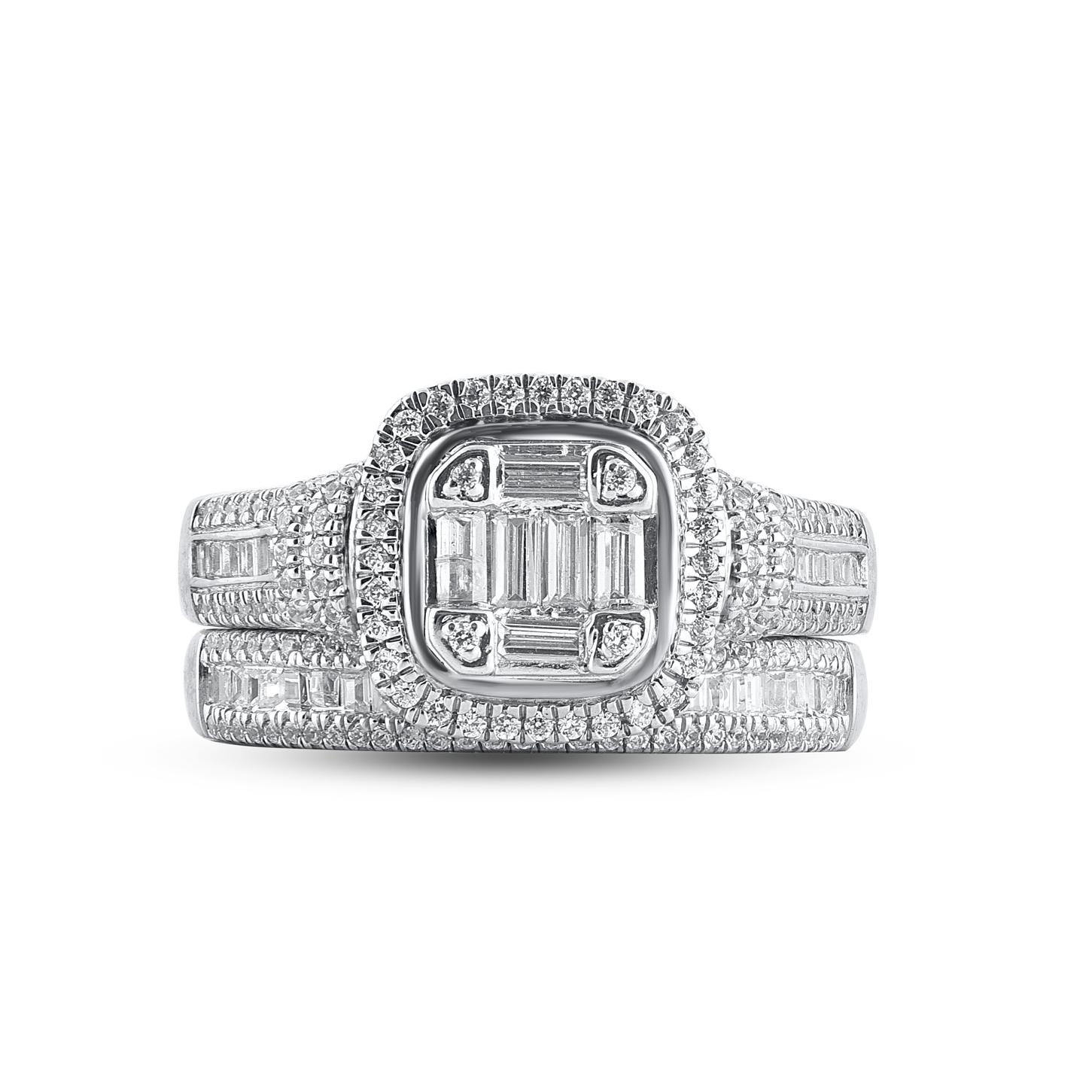 Win her heart with this classic and elegant diamond frame bridal ring set. Crafted in 14 Karat white gold. This wedding ring features a sparkling 224 single cut round diamonds and baguette cut diamonds beautifully set in prong, pave and channel