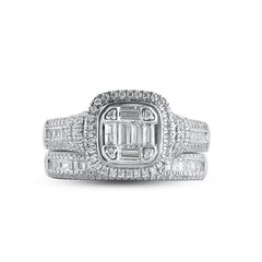 TJD 1.0 Carat Natural Round Cut Diamond 14KT White Gold Cushion Frame Bridal Set