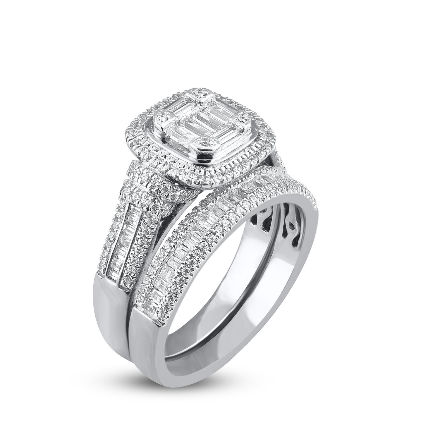 Contemporain TJD 1.0 Carat Natural Round Cut Diamond 14KT White Gold Cushion Frame Bridal Set en vente