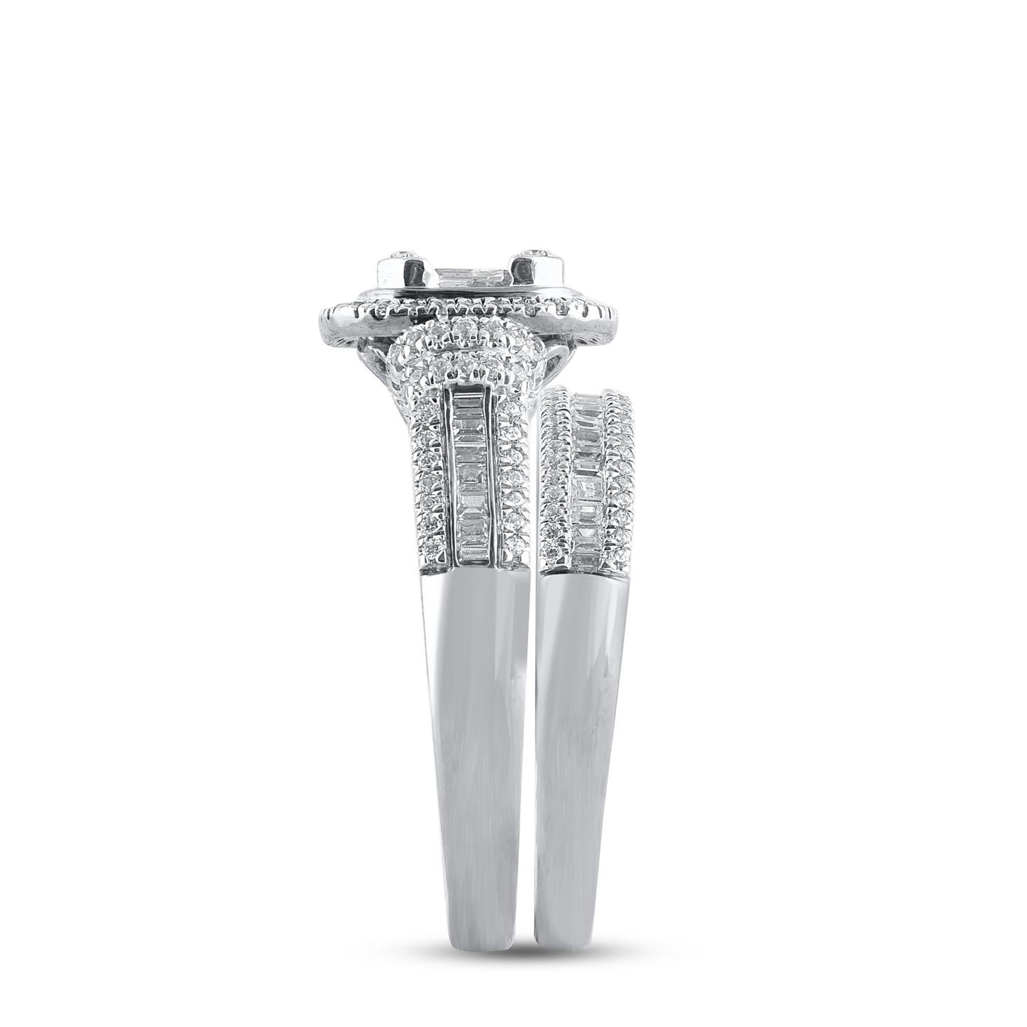 Taille mixte TJD 1.0 Carat Natural Round Cut Diamond 14KT White Gold Cushion Frame Bridal Set en vente