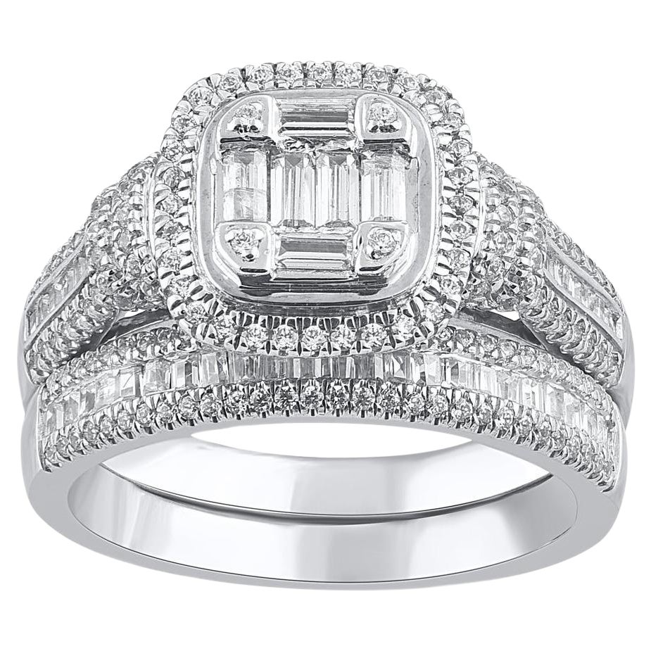 TJD 1.0 Carat Natural Round Cut Diamond 14KT White Gold Cushion Frame Bridal Set