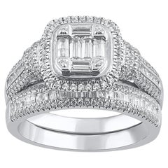 TJD 1.0 Carat Natural Round Cut Diamond 14KT White Gold Cushion Frame Bridal Set