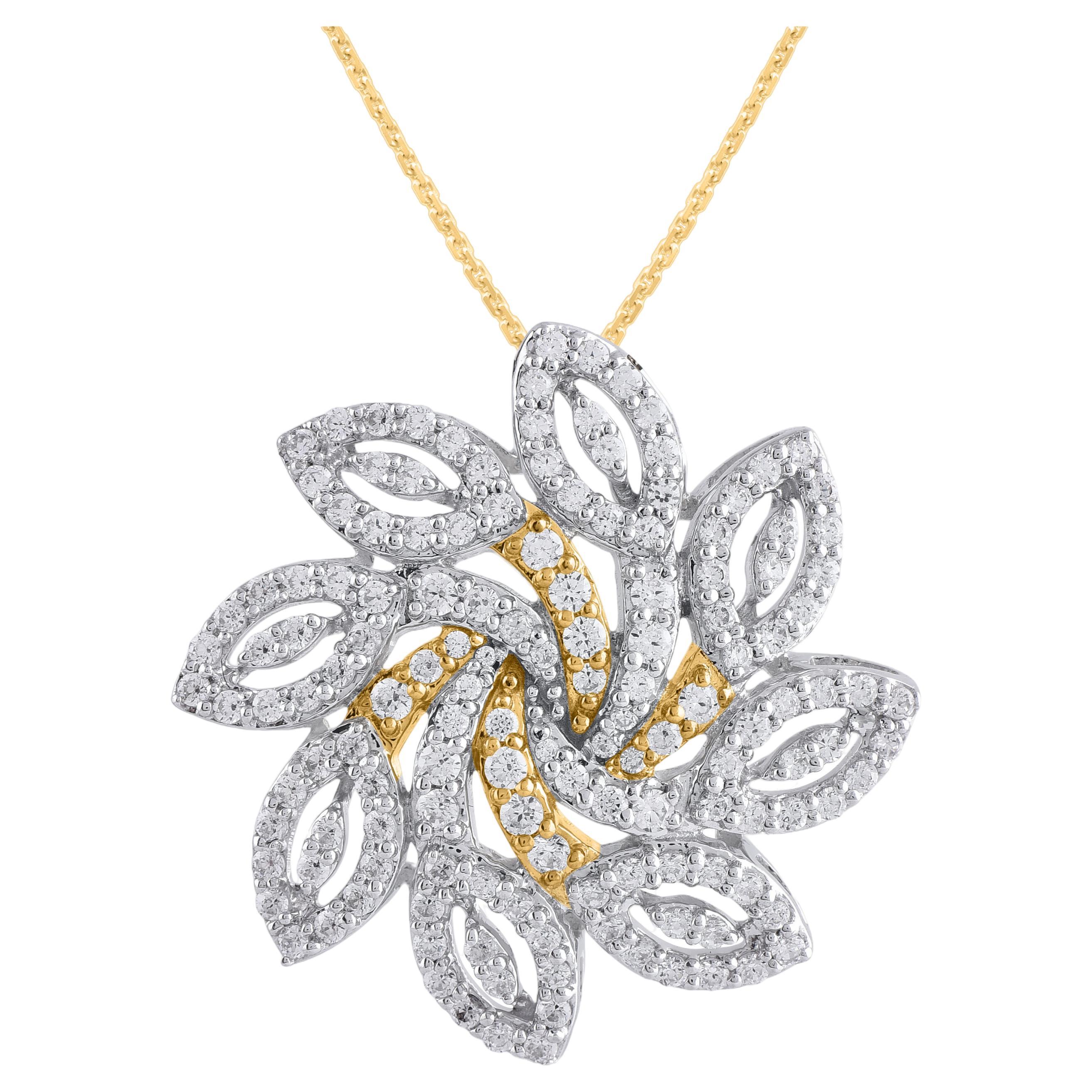 TJD 1.0 Carat Natural Round Cut Diamond Floral Pendant in 18KT Two Tone Gold  For Sale