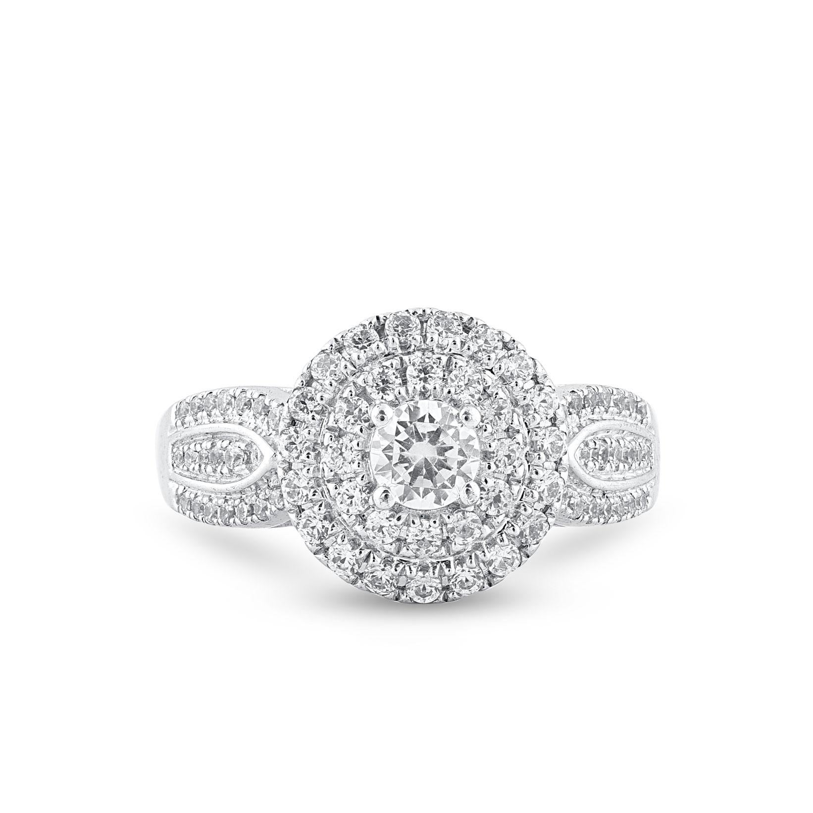 Win her heart with this classic and elegant diamond wedding ring. These diamond ring are studded with 82 single cut and brilliant cut round diamonds in prong and pave setting and crafted in 14kt white gold. The white diamonds are graded as H-I color