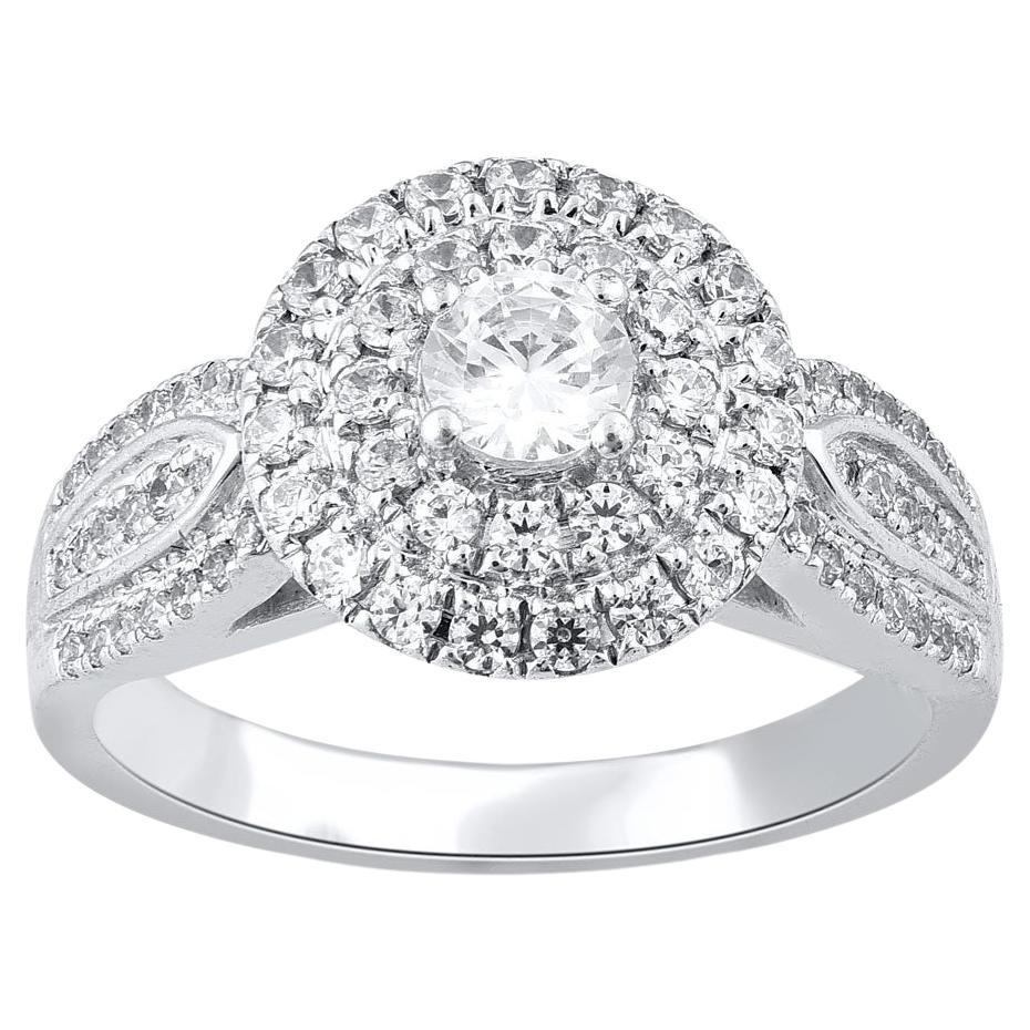 TJD 1.0 Carat Natural Round Diamond 14 Karat White Gold Cluster Wedding Ring For Sale