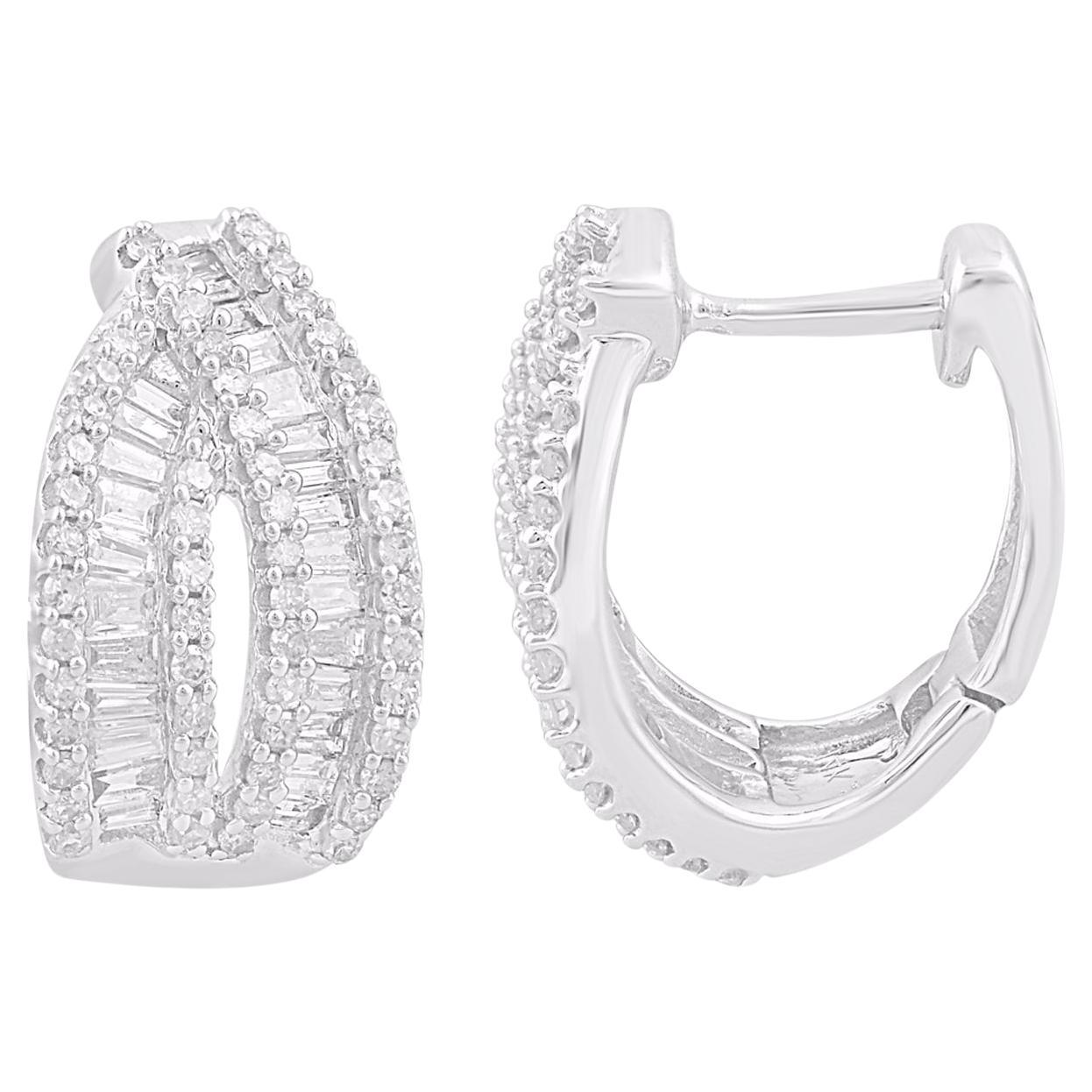 TJD 1.0 Carat Natural Round Diamond 14 Karat White Gold Hoop Earrings