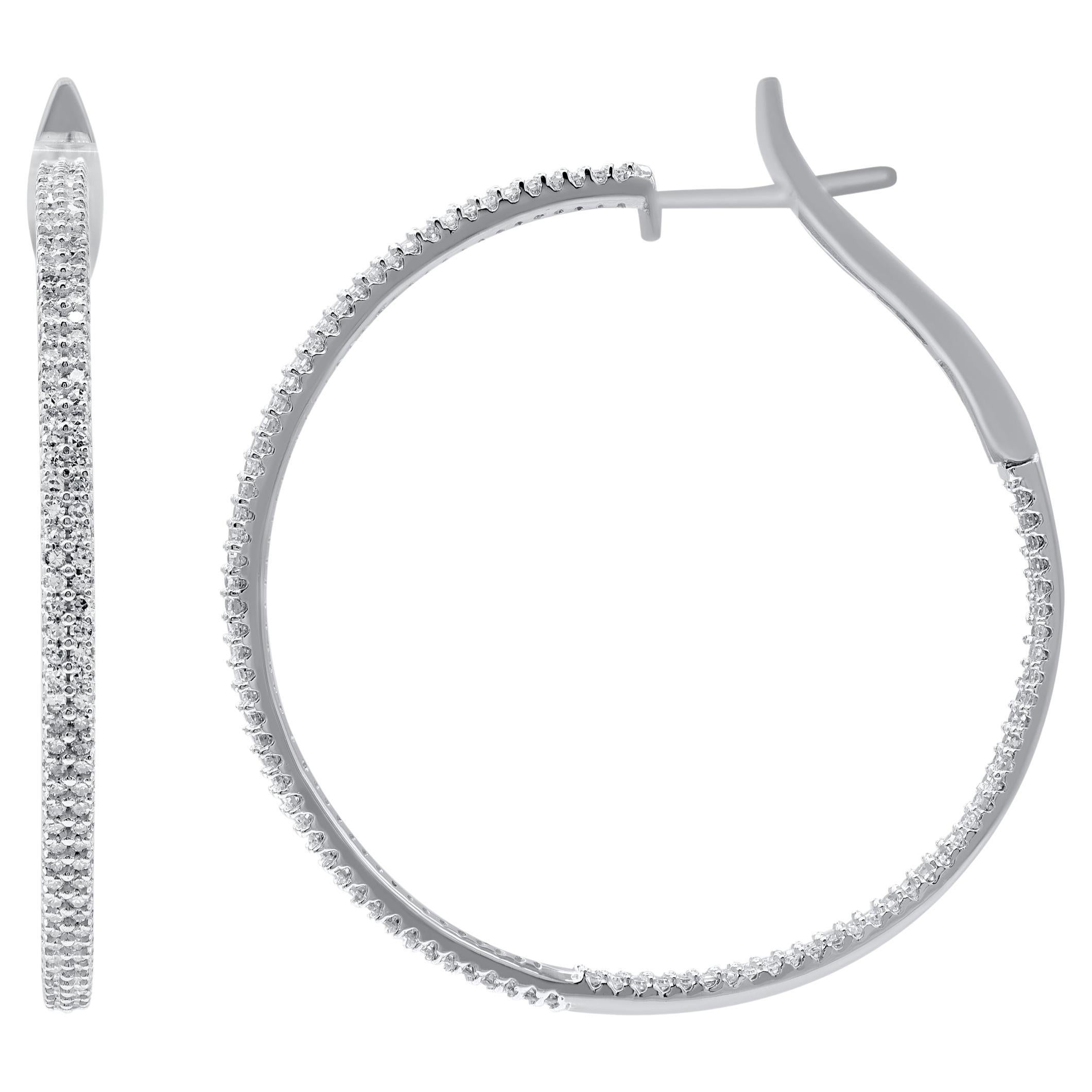 TJD 1.0 Carat Natural Round Diamond 14 Karat White Gold Inside-Out Hoop Earrings