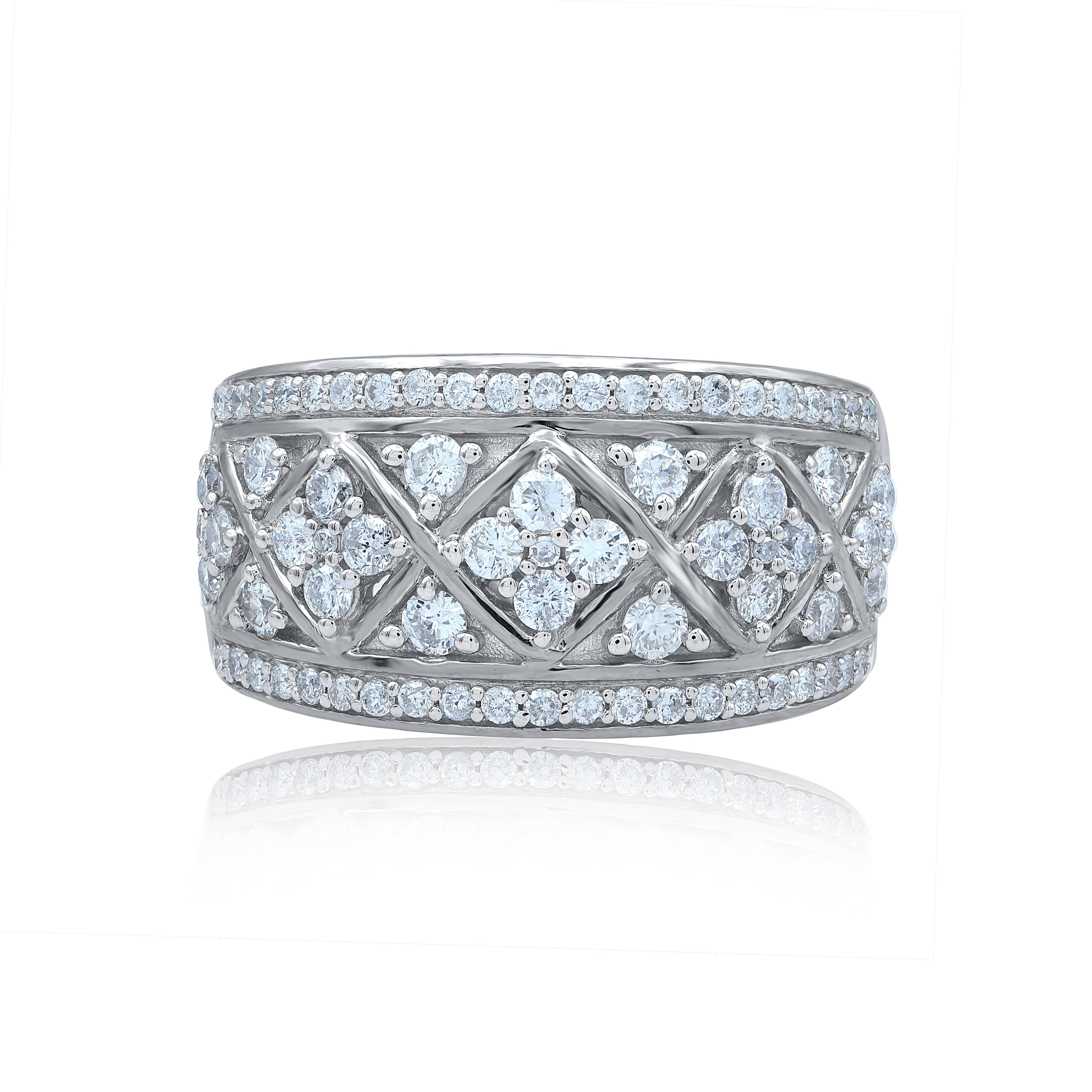 Give a touch of glamour to your fine jewelry collection with this diamond engagement ring. This beautiful ring features shimmering brilliant cut and single cut diamonds in prong and pave setting. Crafted in 14 karat white gold. The ring is studded