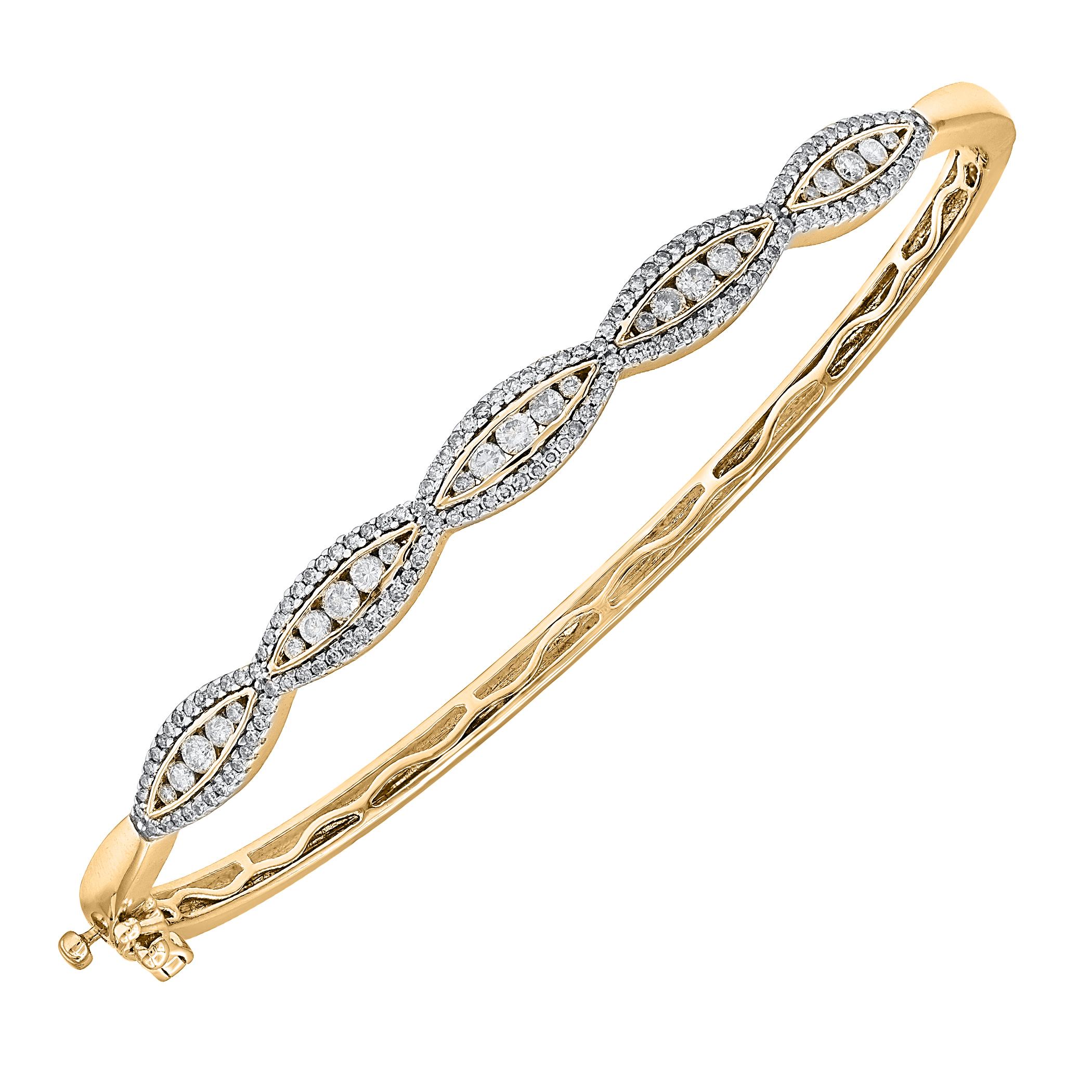 Simple and sparkling, this diamond bangle elevates any attire. Expertly handcrafted by our inhouse experts in 14 karat yellow gold and studded with 157 round brilliant and single cut natural diamond set in prong and channel setting. The total