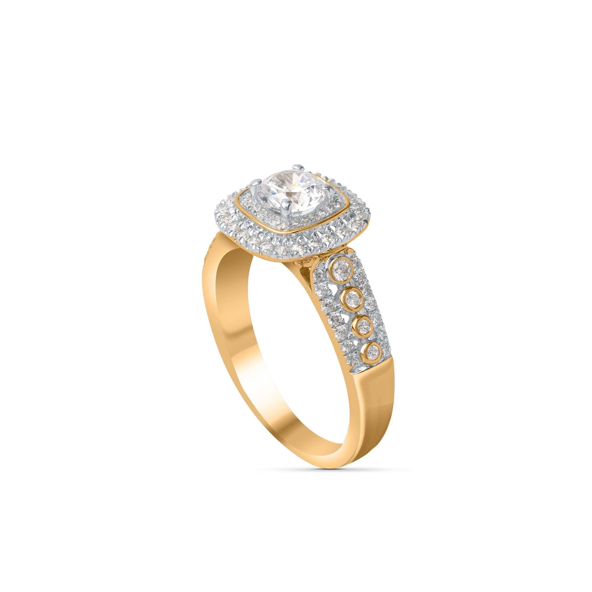 Contemporain Bague de fiançailles halo en or jaune 14 carats avec diamant rond naturel de 1,0 carat TJD en vente