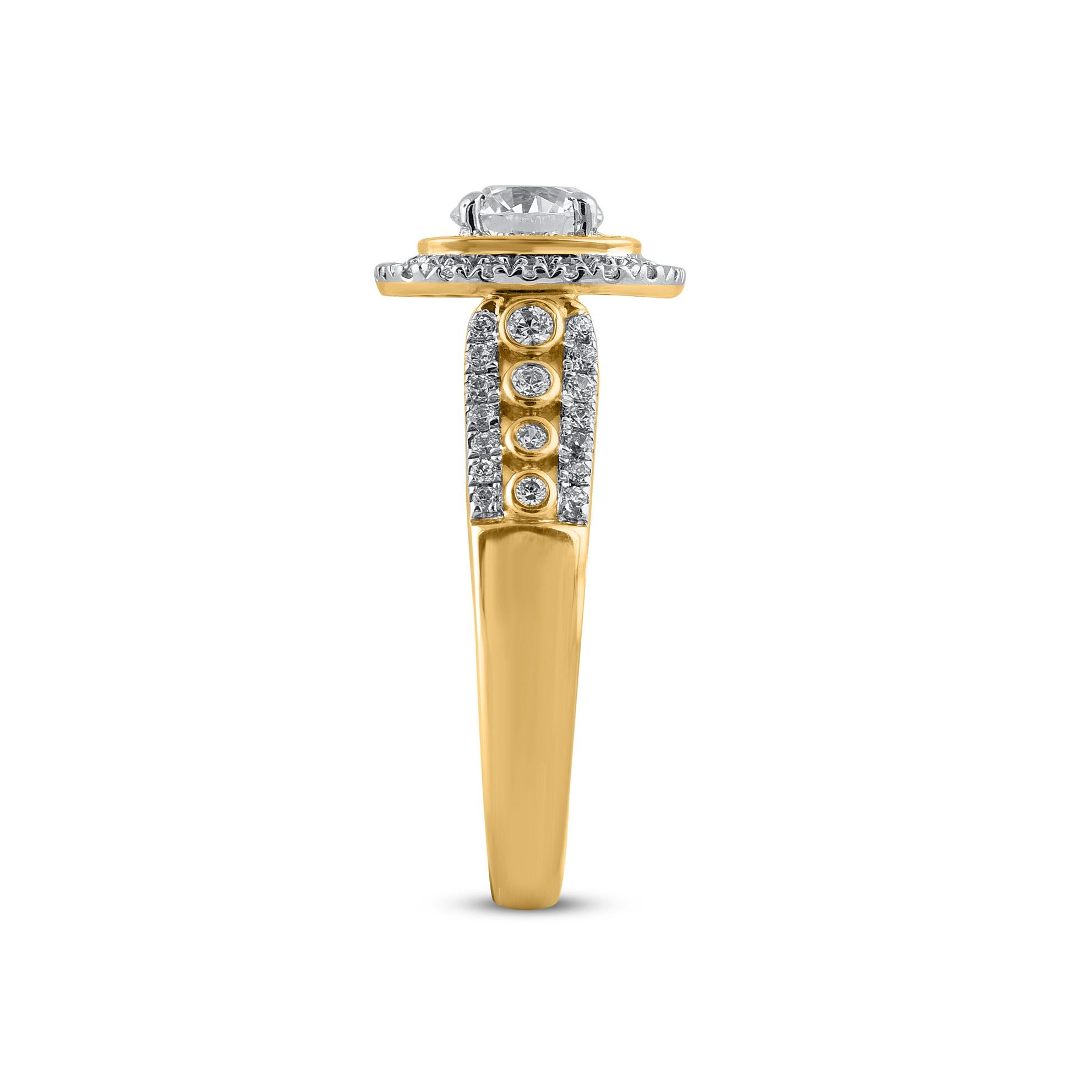 Taille ronde Bague de fiançailles halo en or jaune 14 carats avec diamant rond naturel de 1,0 carat TJD en vente