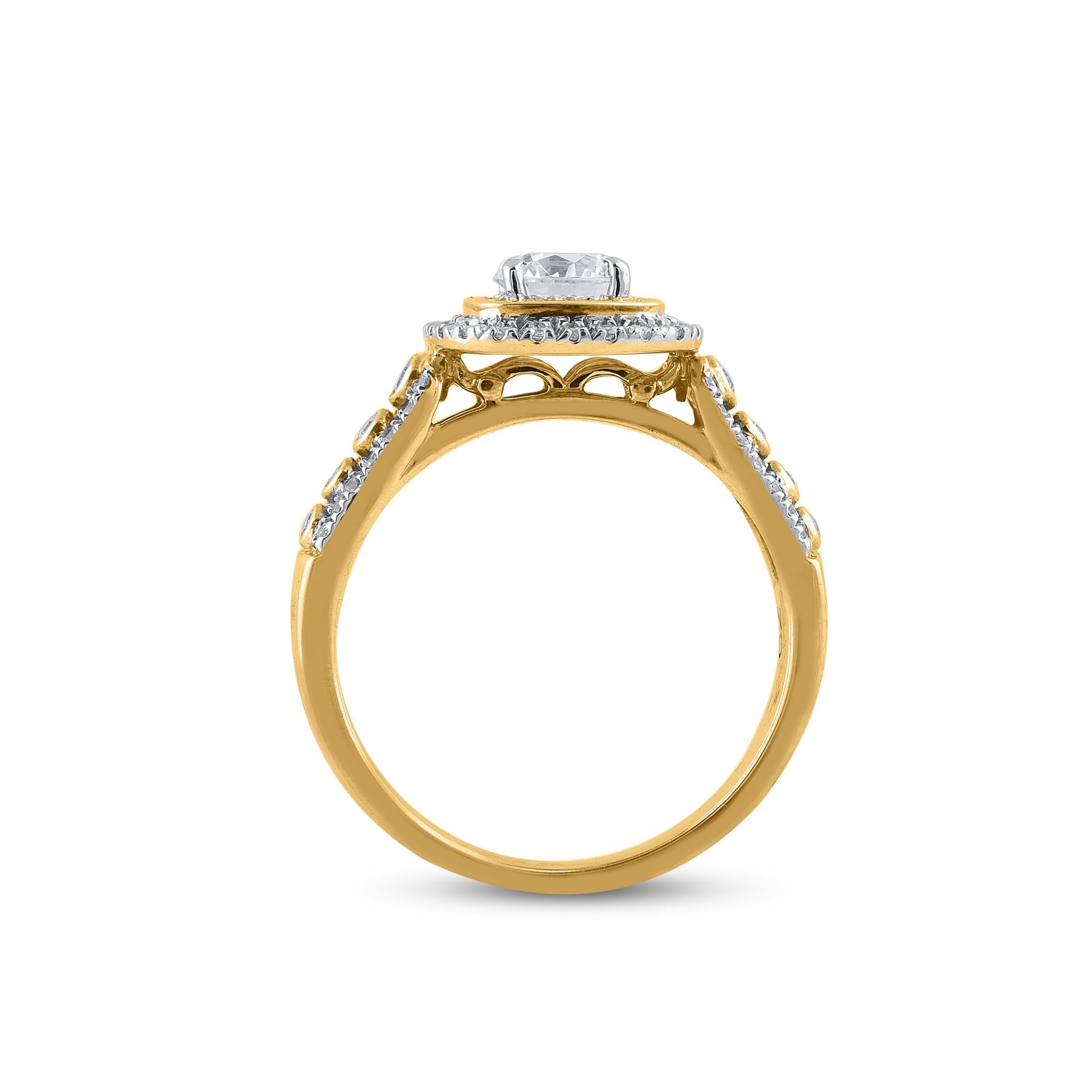 TJD 1.0 Carat Natural Round Diamond 14 Karat Yellow Gold Halo Engagement Ring In New Condition For Sale In New York, NY