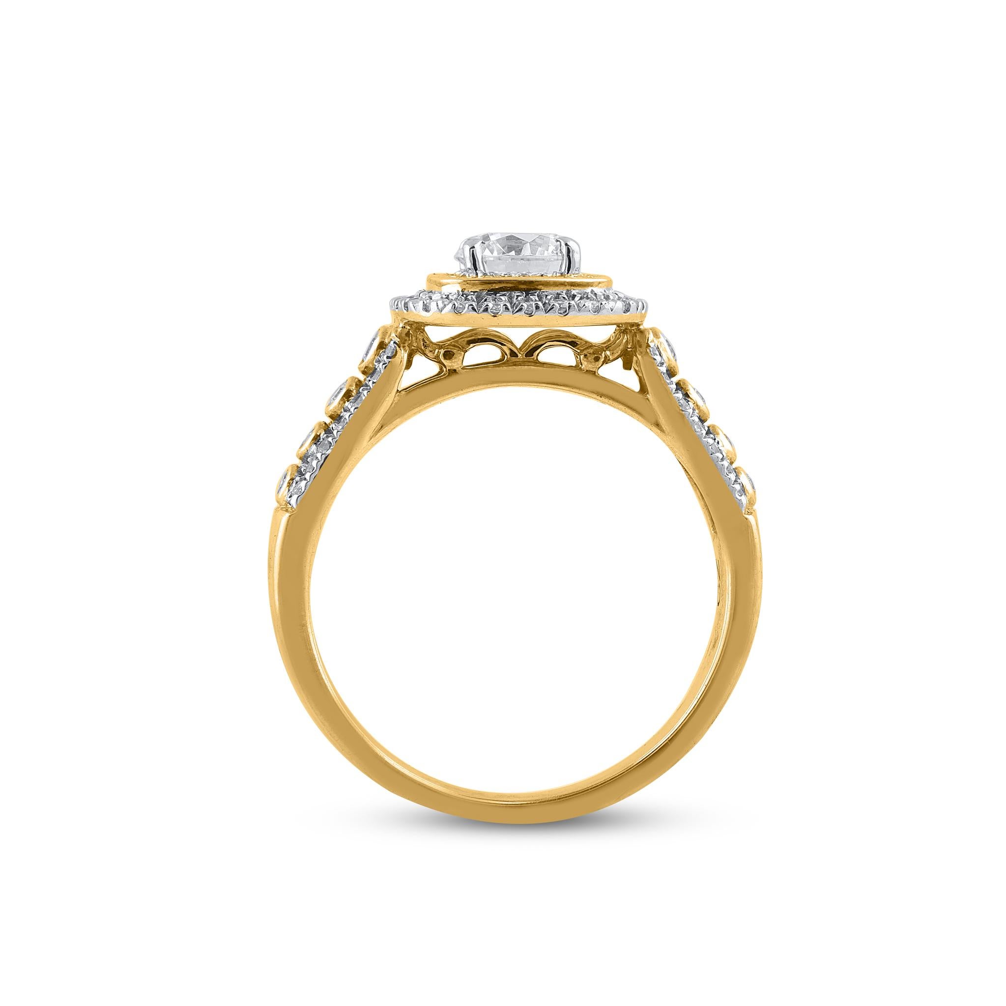 TJD 1,0 Karat natürlicher runder Diamant 14 Karat Gelbgold Halo Verlobungsring im Zustand „Neu“ im Angebot in New York, NY