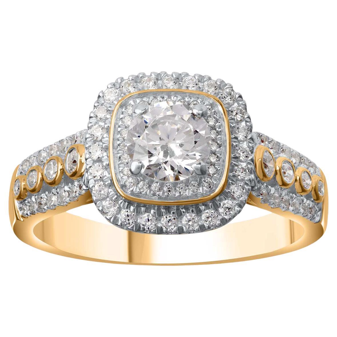 Bague de fiançailles halo en or jaune 14 carats avec diamant rond naturel de 1,0 carat TJD en vente