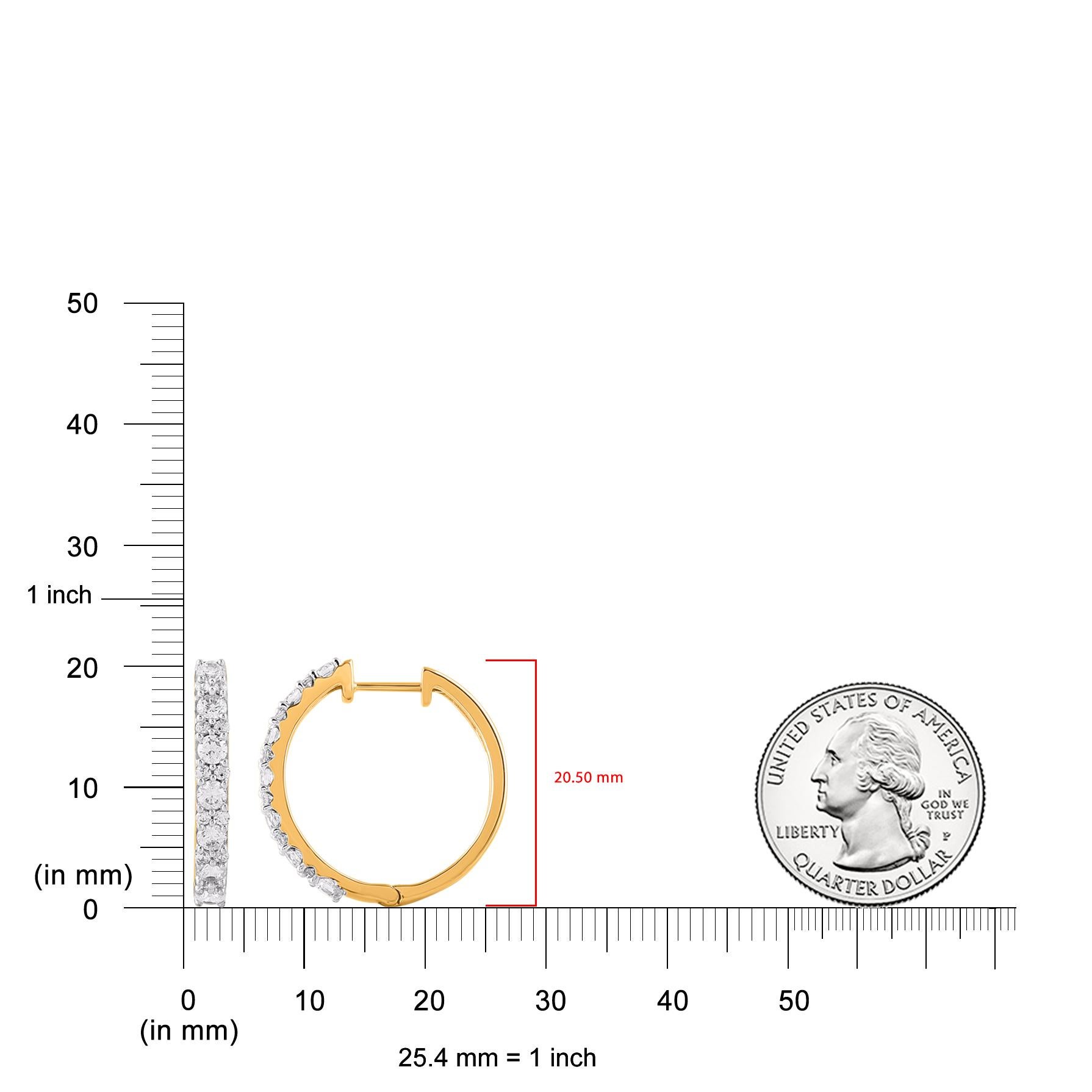 Brilliant Cut TJD 1.0 Carat Natural Round Diamond 14 Karat Yellow Gold Hoop Earrings For Sale