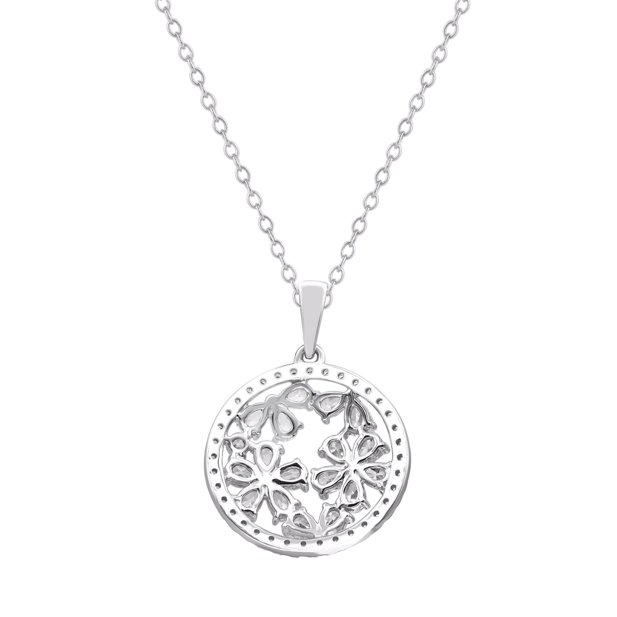 A classic beauty, this sparkling diamond circle pendant is a gift she’ll adore for years to come. This timeless design created in 14kt white gold, this circle pendant features 54 round and pear diamonds in prong settings. Diamonds are graded as H-I