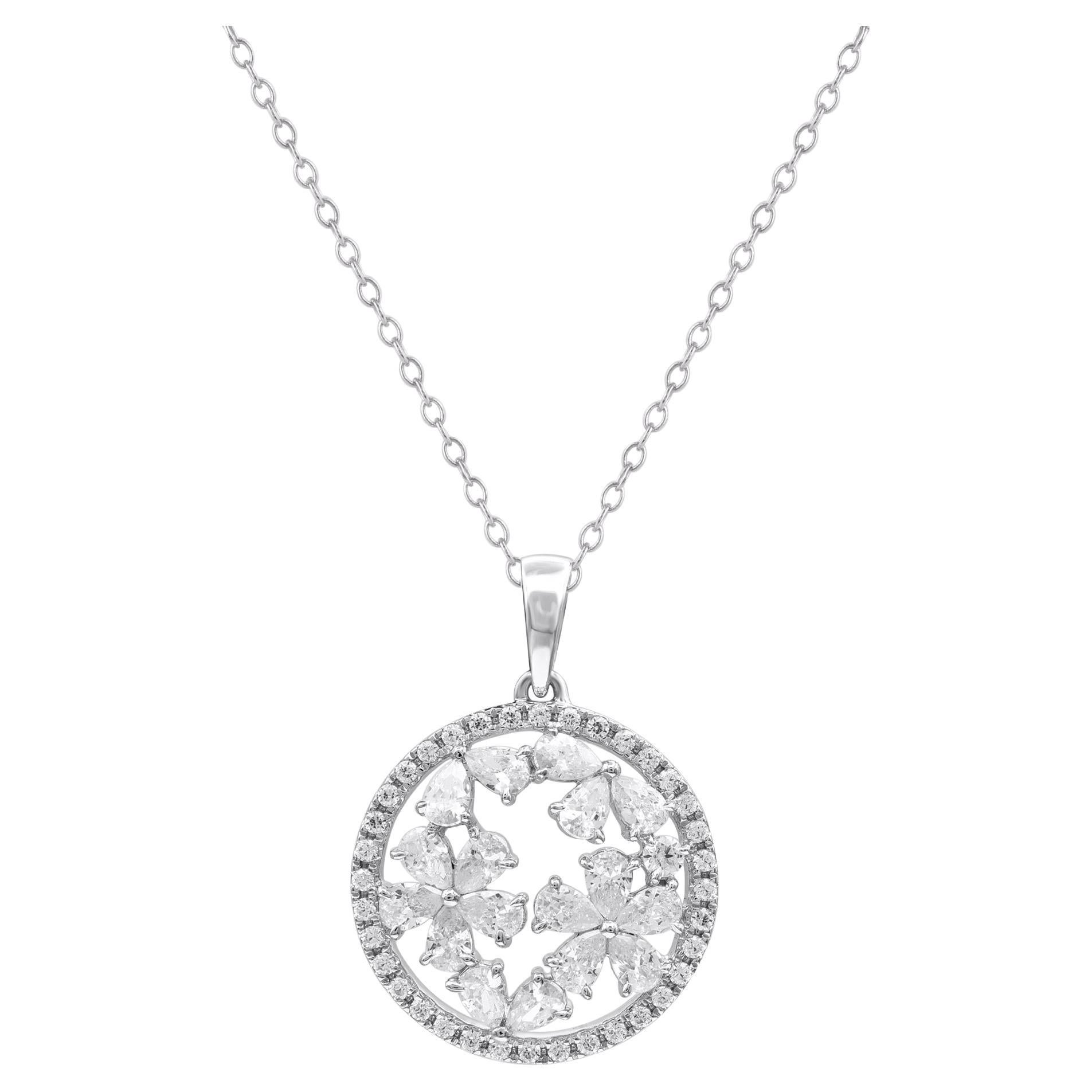 TJD 1.0 Carat Natural Round Diamond 14KT White Gold Circle Pendant Necklace For Sale