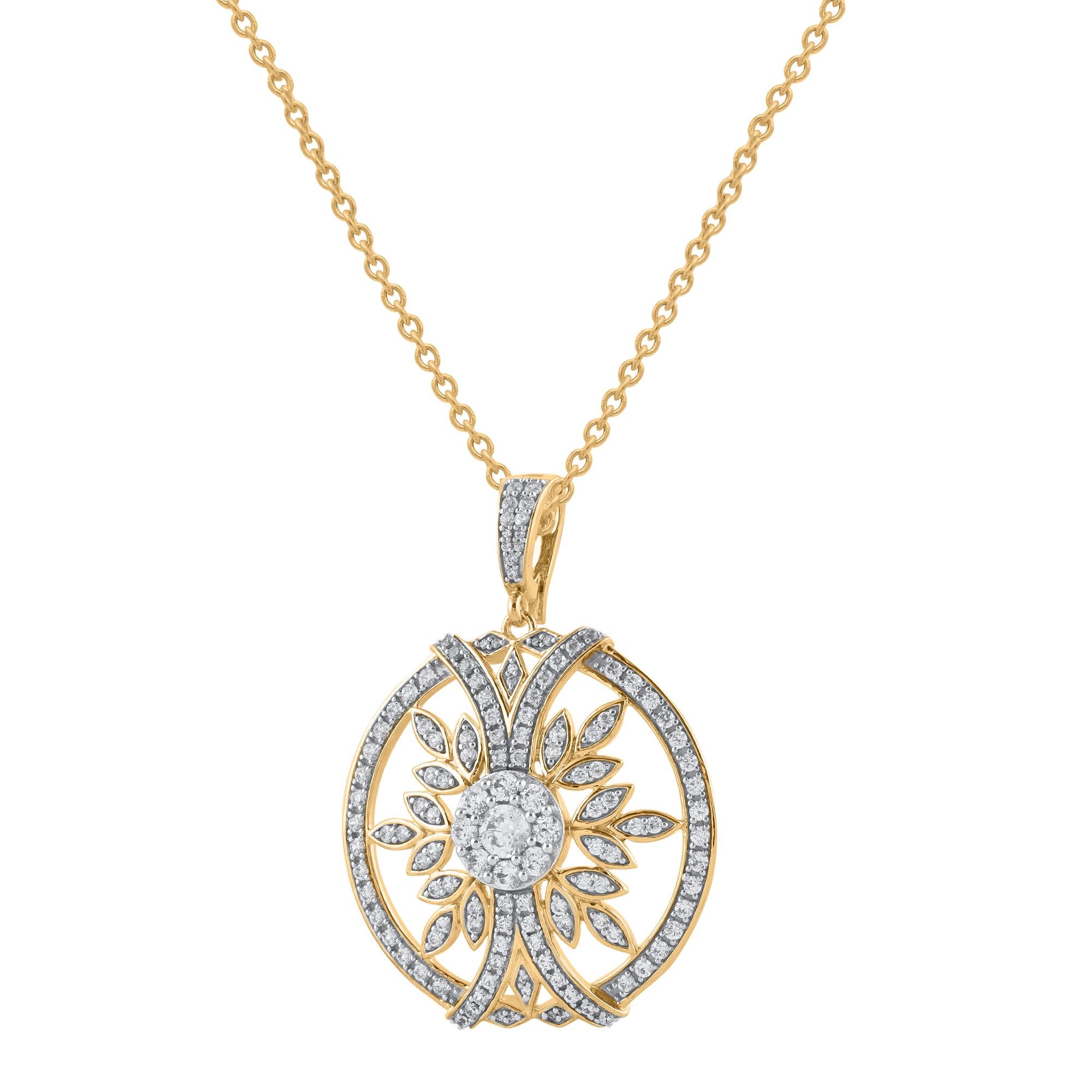 Raise the fashion bar with this stunning diamond pendant. This timeless design created in 14kt yellow gold, this circle cluster leaf pendant features 133 brilliant cut & single cut diamonds in prong and pave settings. Diamonds are graded as H-I