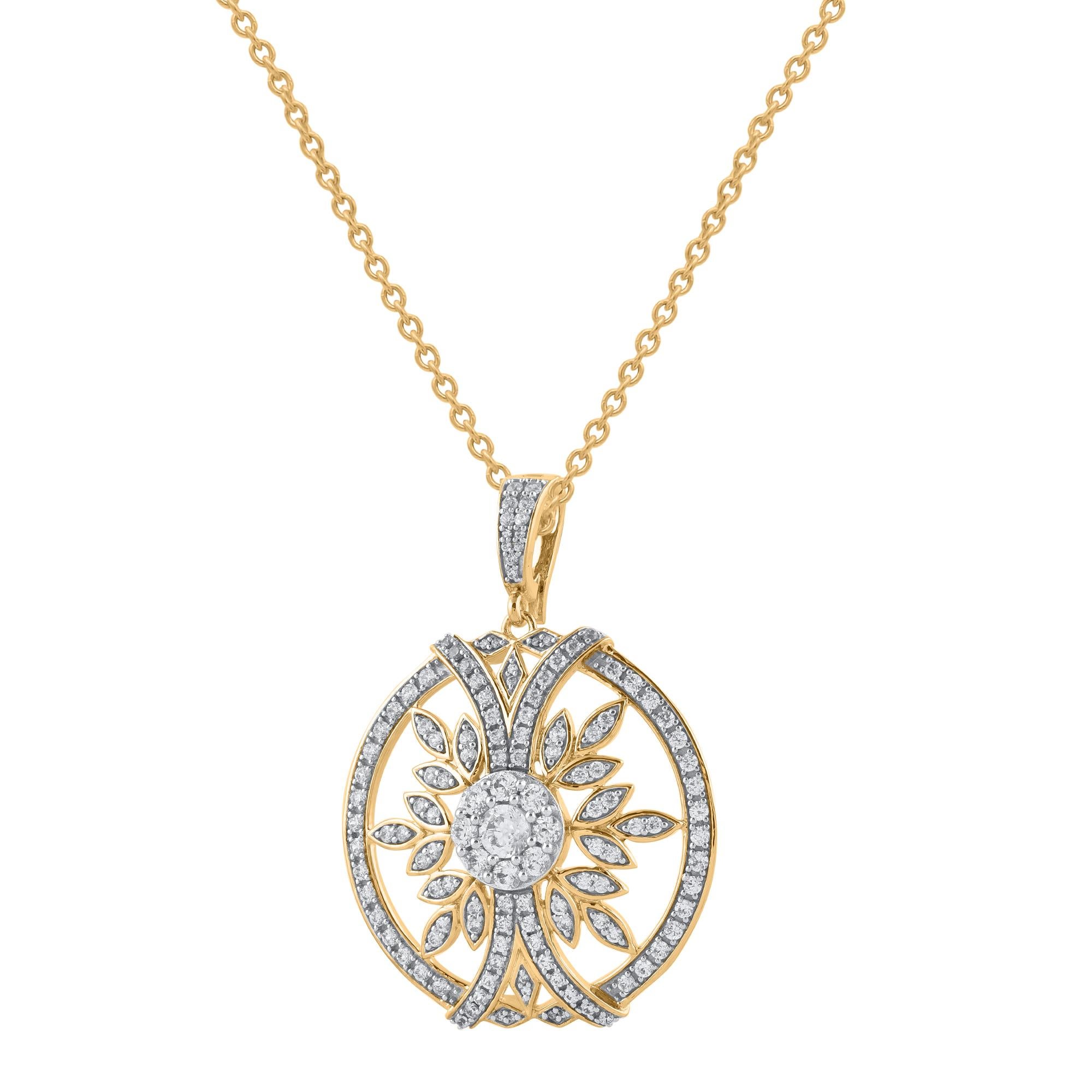 Relevez le niveau de la mode avec ce superbe pendentif en diamant. Ce design intemporel créé en or jaune 14kt, ce pendentif en forme de cercle et de feuille présente 133 diamants taille brillant et taille unique en serti clos et en pavé. Les