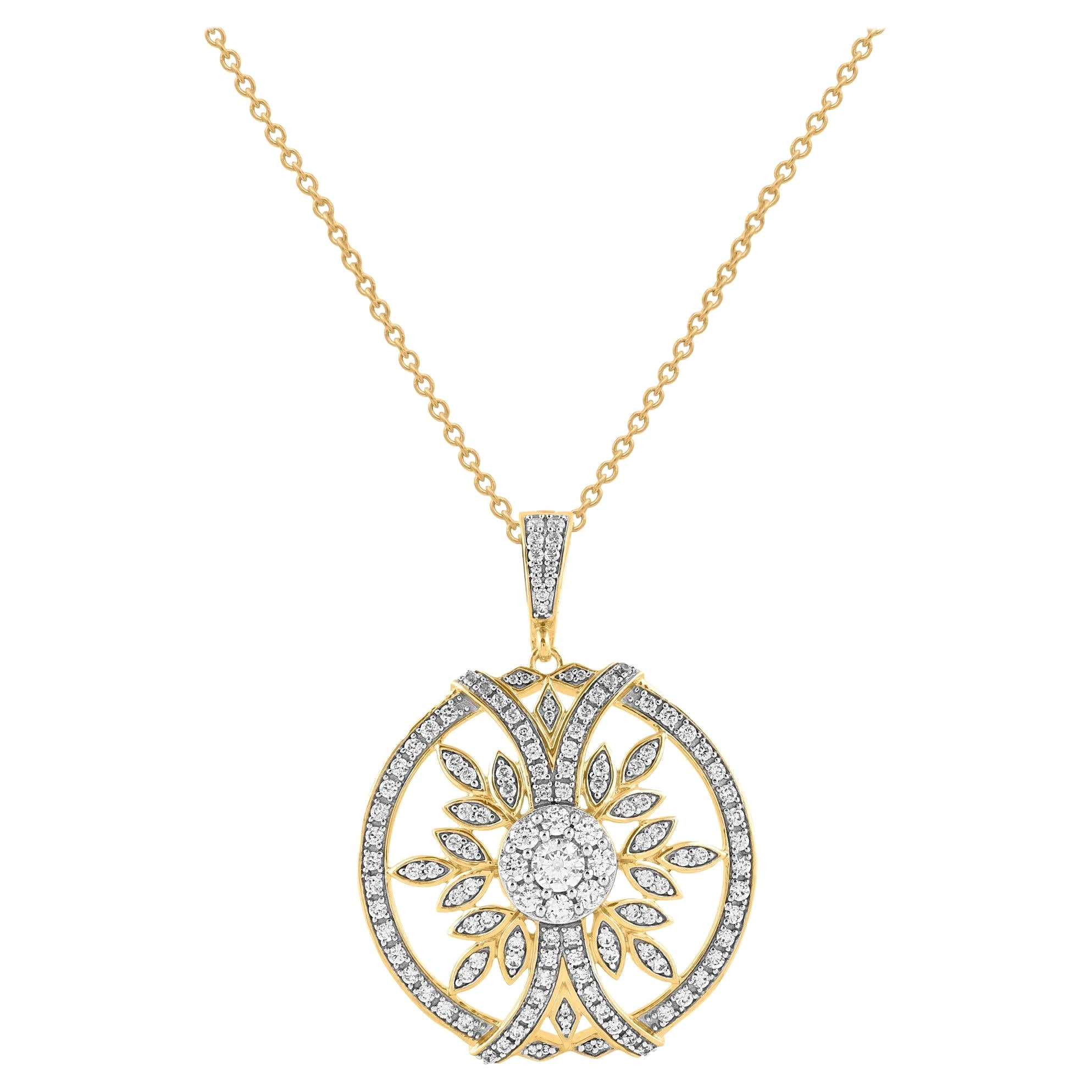 TJD 1.0 Carat Natural Round Diamond 14KT Yellow Gold Circle Cluster Necklace