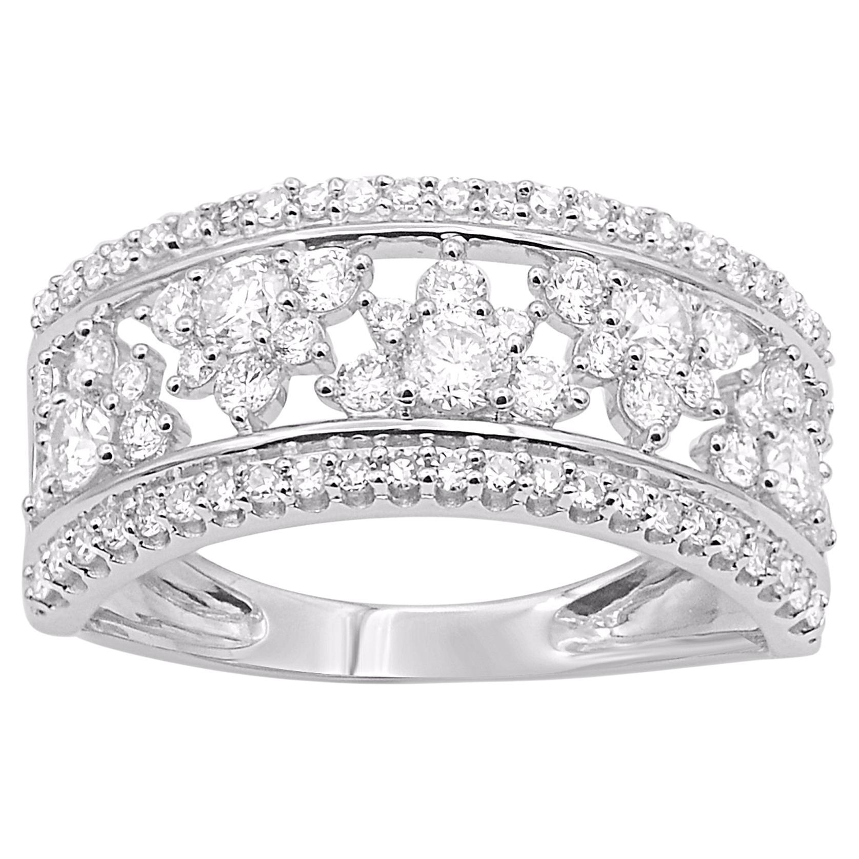 TJD 1.0 Carat Natural Round Diamond 18 Karat White Gold Vintage-Style Band Ring
