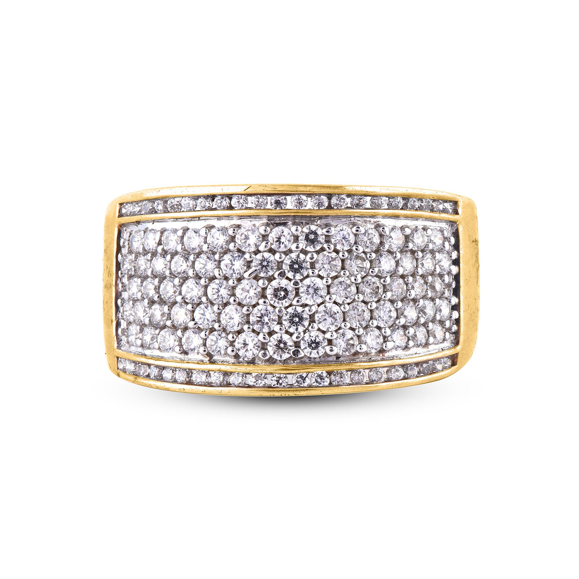 Express your love for her in the most classic way with this band ring. This beautiful ring features shimmering 109 brilliant cut and single cut diamonds studded in pave and channel setting. Crafted in 14 karat yellow gold. The total diamond weight
