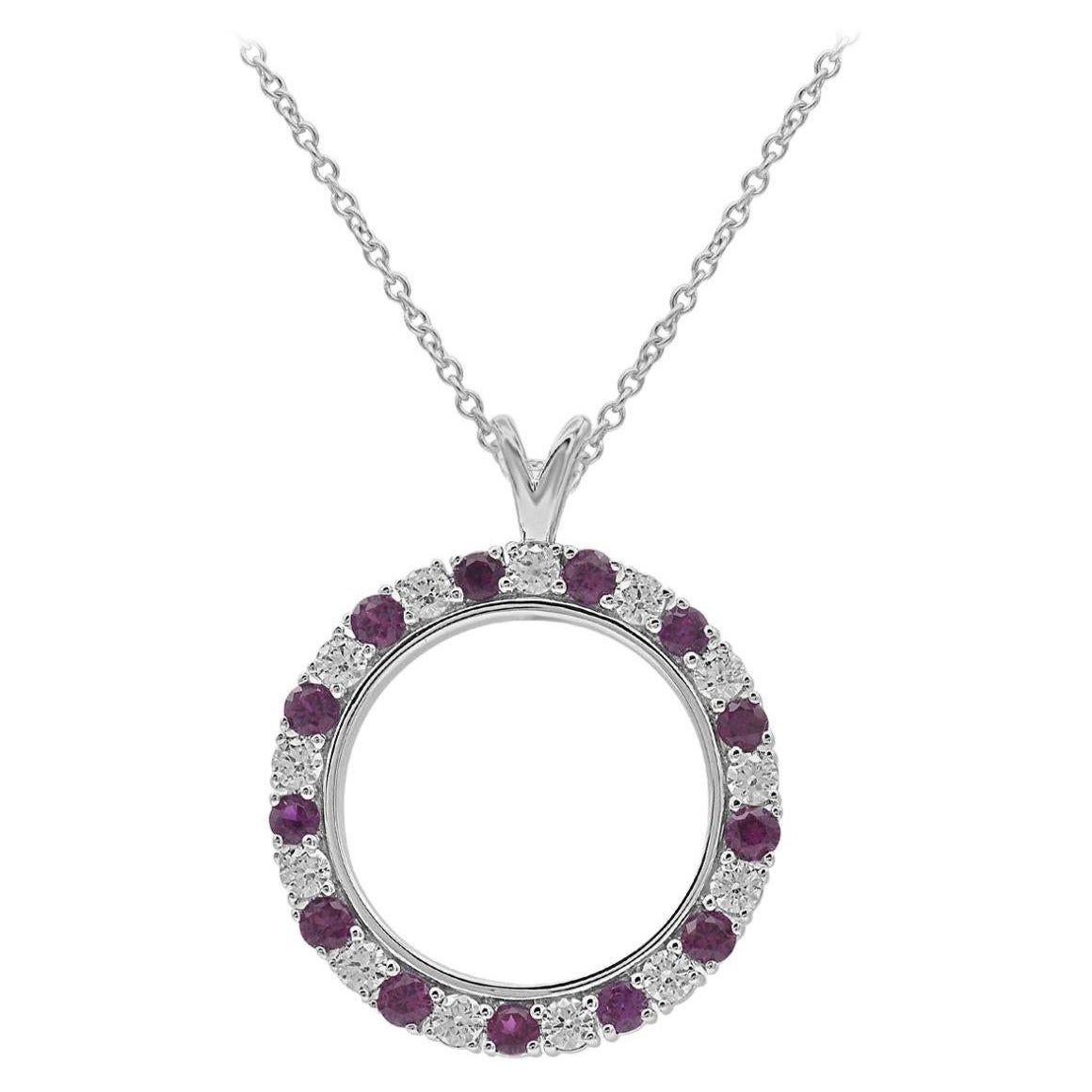 TJD 1.0 Carat Natural Ruby 
Round Diamond 14K White Gold Open Circle Pendant For Sale