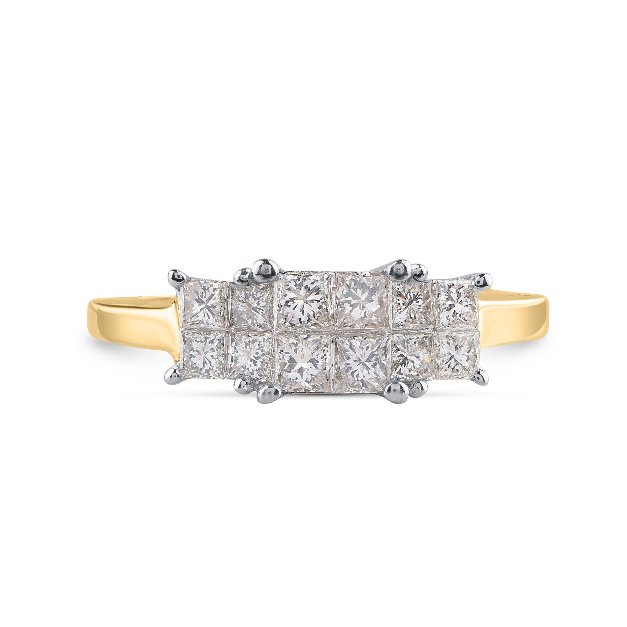 Bring charm to your look with this diamond wedding ring. The ring is crafted from 14 karat gold in your choice of white, rose, or yellow, and embedded with 12 natural princess cut diamonds in PRN Invisible setting. Total diamond weight is 1.0 carat.