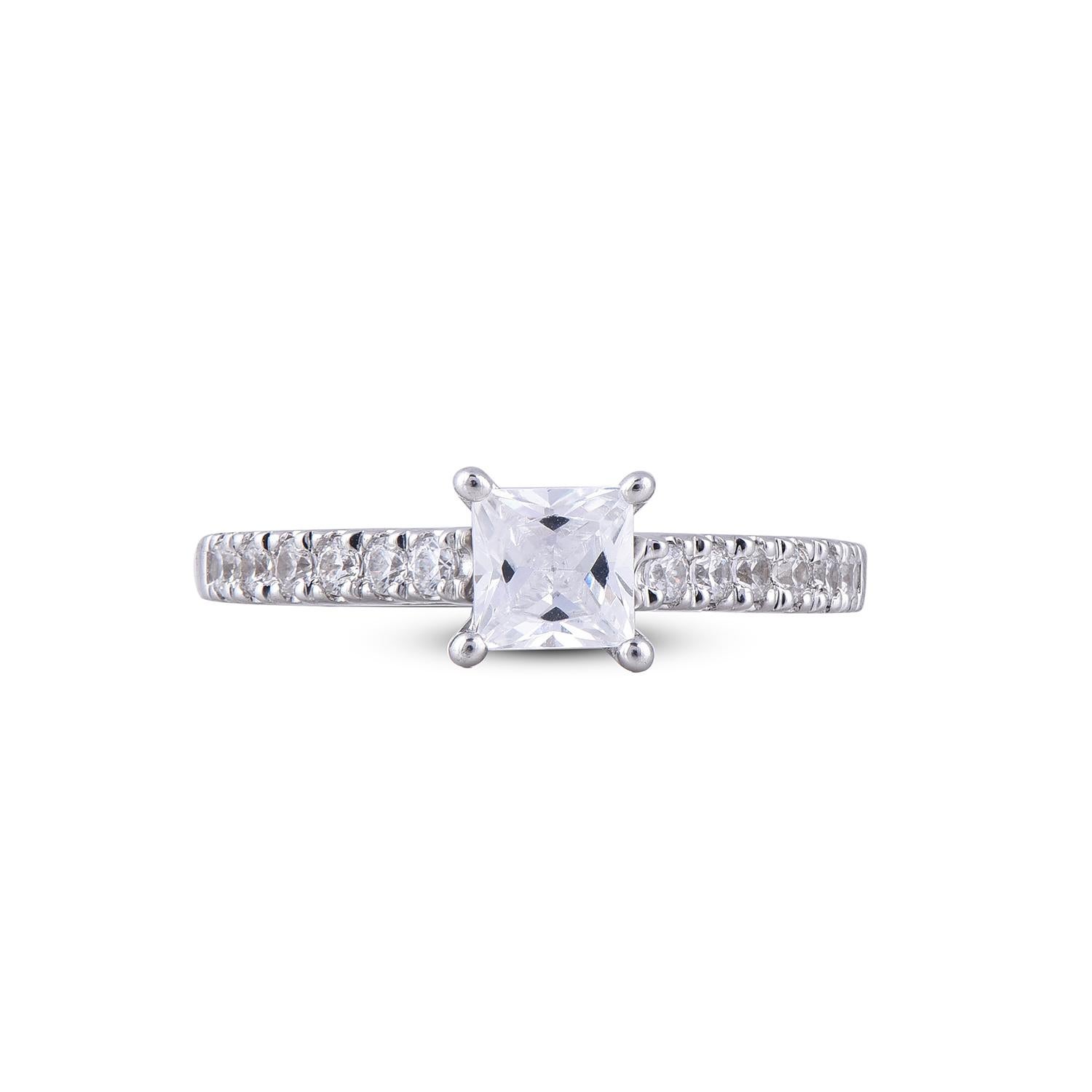 Art Deco TJD 1.0 Carat Princess/Round Diamond 18 Karat White Gold Diamond Bridal Ring For Sale