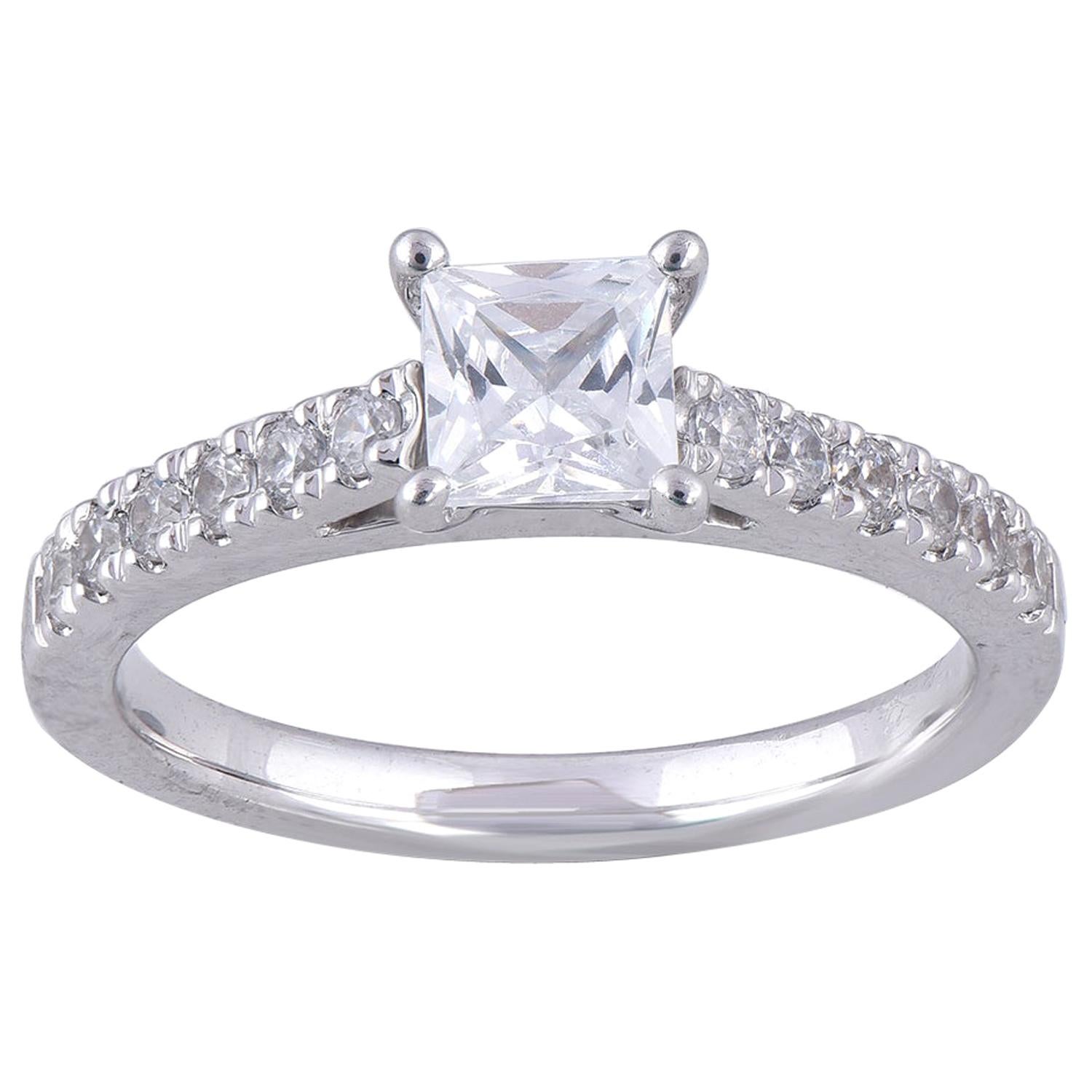 TJD 1.0 Carat Princess/Round Diamond 18 Karat White Gold Diamond Bridal Ring For Sale