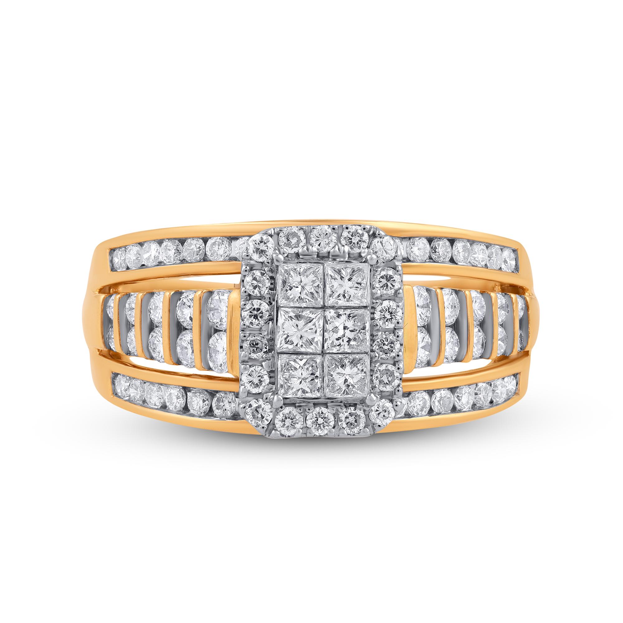 Stunning and classic, this diamond ring is beautifully crafted in 14KT Solid yellow gold. This band is studded with sparkling 78 round brilliant cut and princess-cut white diamonds in secured channel & pave setting. The diamonds are natural,