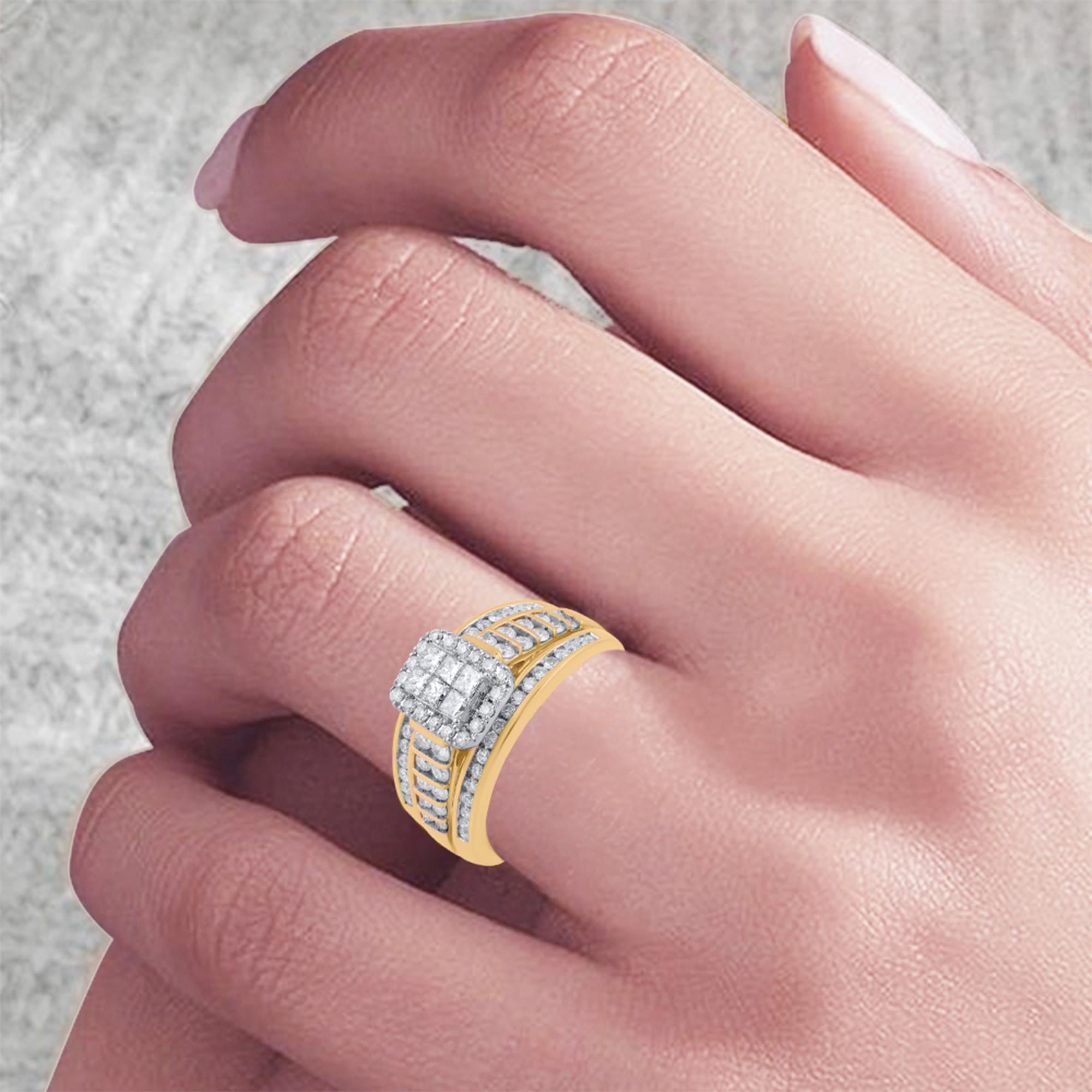 TJD 1.0 Carat Princess & Round White Diamond 14KT Yellow Gold Engagement Ring In New Condition For Sale In New York, NY