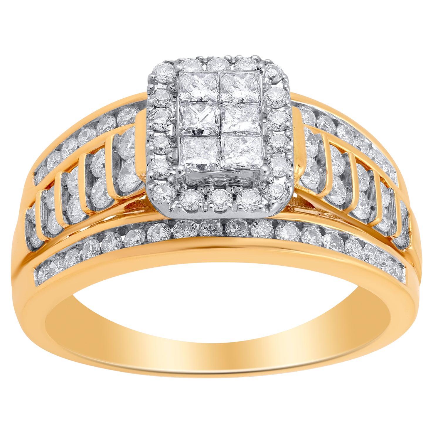 TJD 1,0 Karat Prinzessin & runder weißer Diamant 14KT Gelbgold Verlobungsring