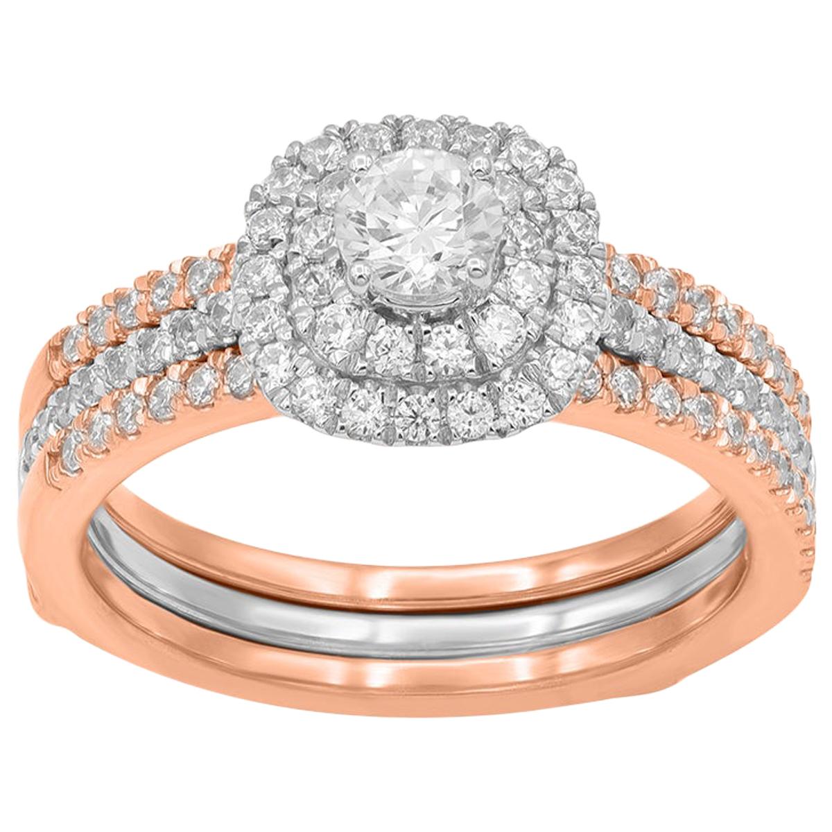 TJD 1.0 Carat Round 18 Karat Two-tone Gold Double Halo Diamond Engagement Ring For Sale