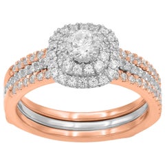 TJD Anillo de compromiso con doble halo de diamantes, redondo, de 1,0 quilates, en oro bicolor de 18 quilates