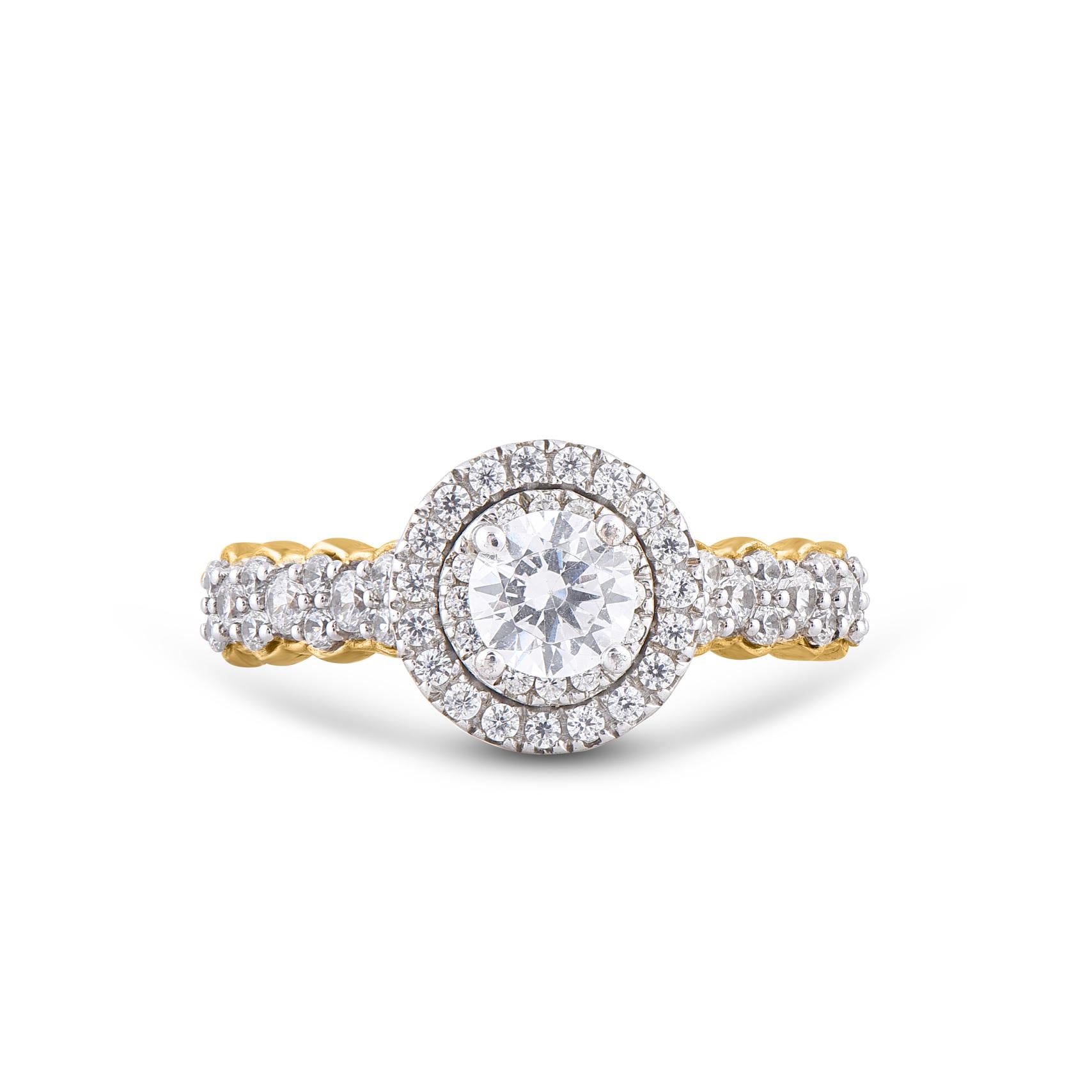 A gorgeous 18 karat Yellow Gold Antique-Inspired Scalloped Halo Ring studded with 0.38ct of center stone and 0.62ct of 53 diamonds set in prong and pave setting. Diamond grading G-H Color, SI1 Clarity. This ring has high polish finish and is