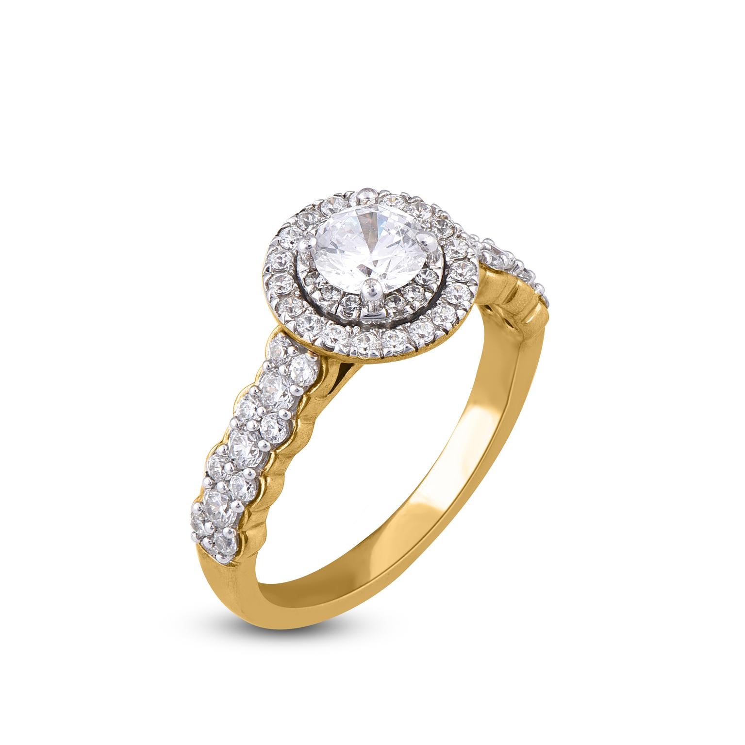Contemporary TJD 1.0 Carat Round 18 Karat Yellow Gold Antique-Inspired Scalloped Halo Ring For Sale