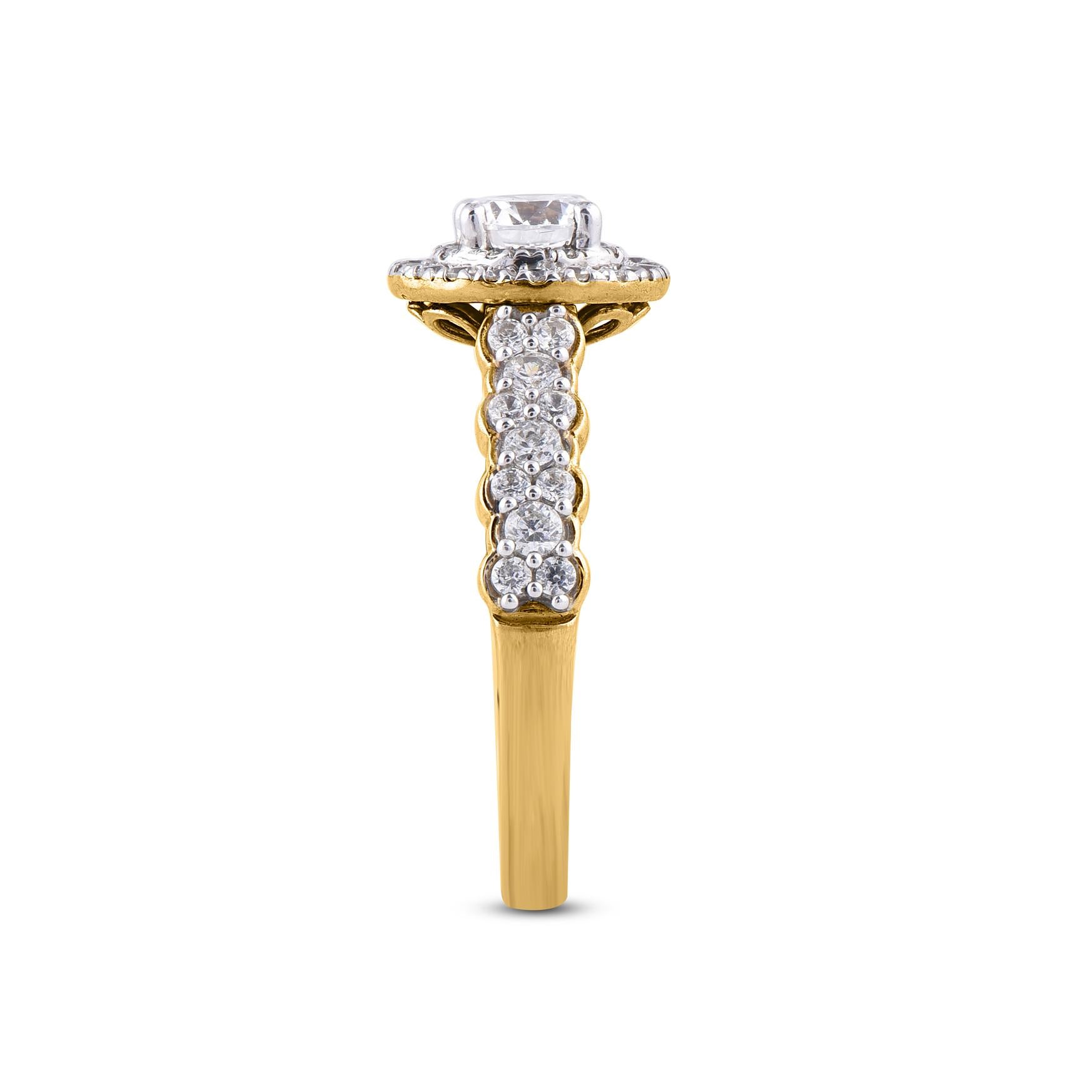 Round Cut TJD 1.0 Carat Round 18 Karat Yellow Gold Antique-Inspired Scalloped Halo Ring For Sale