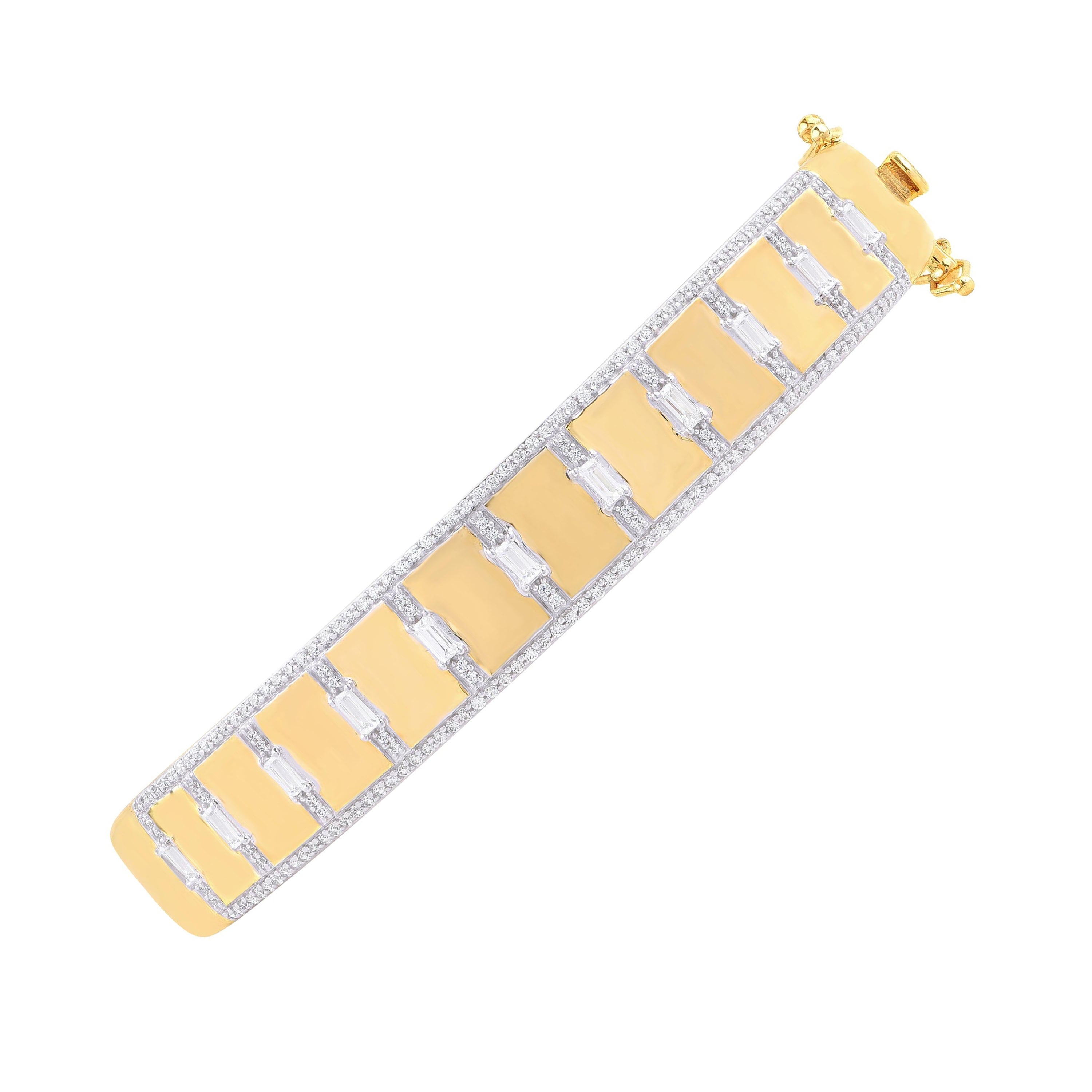 TJD 1.0 Carat Round and Baguette 18 Karat Yellow Gold Hinged Border Bangle